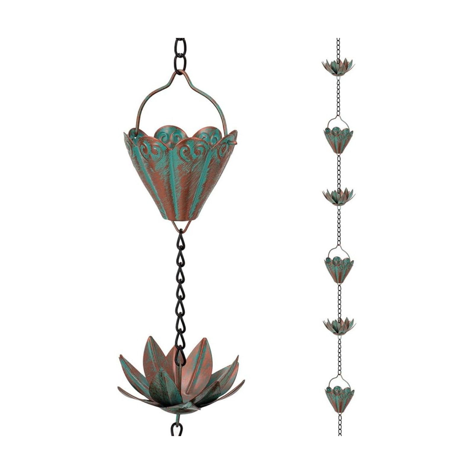 10.3ft Lotus Rain Chains for Outside Gutters, Eaves, Drainage | 16 Cups, Metal Rain Chain, Adjustable Length