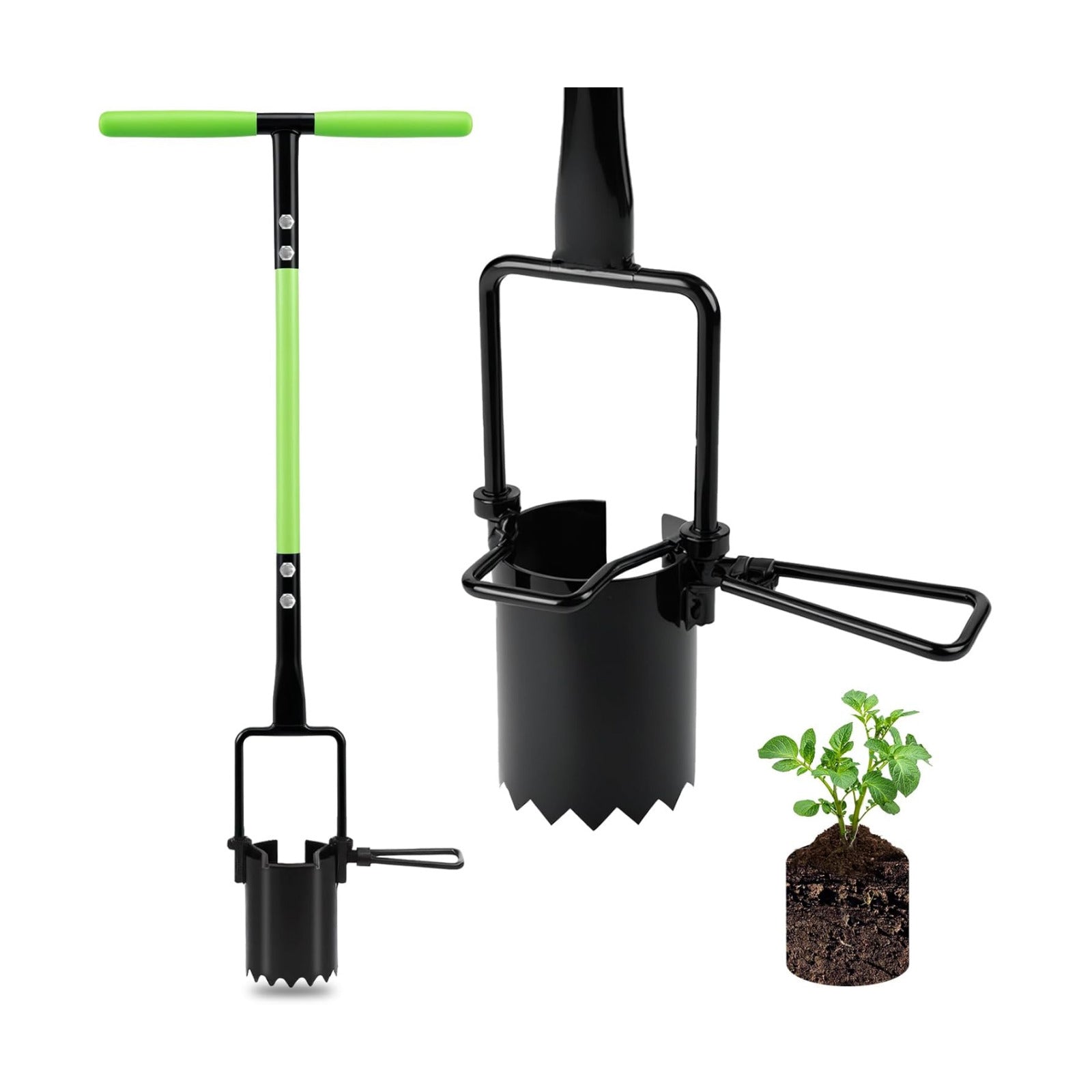30in Long Handle Bulb Planter Tool, 5 in 1 Lawn Tool with Serrated Base | Sod cutter, Grass plugger, Weeding &