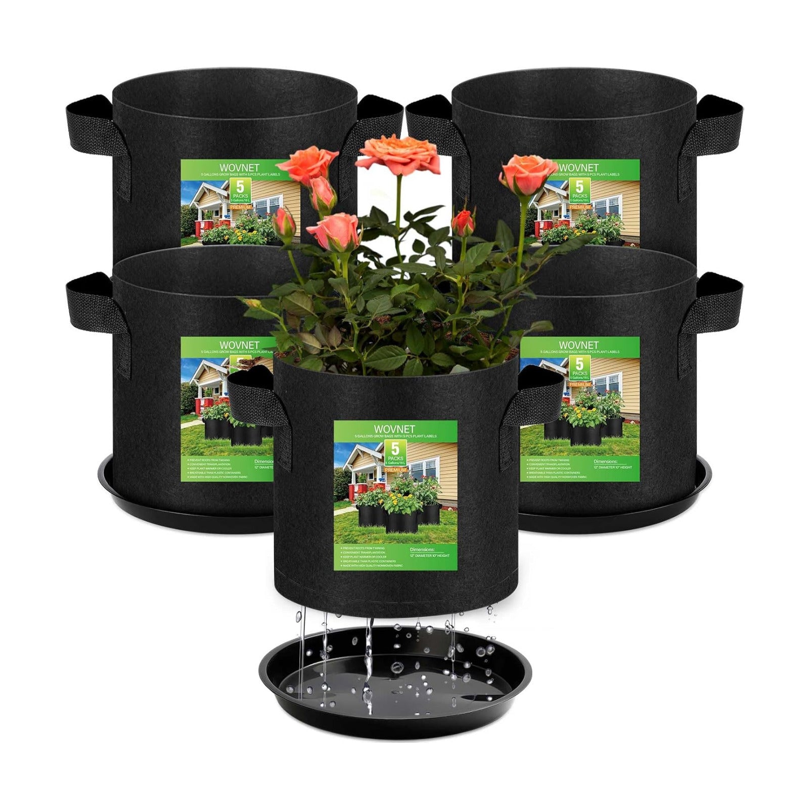 5 Pack 5 Gallon Grow Bags with 5 Plant Saucer and 5 Labels 260g Thickened Nonwoven Fabric Plant Pots with Handles