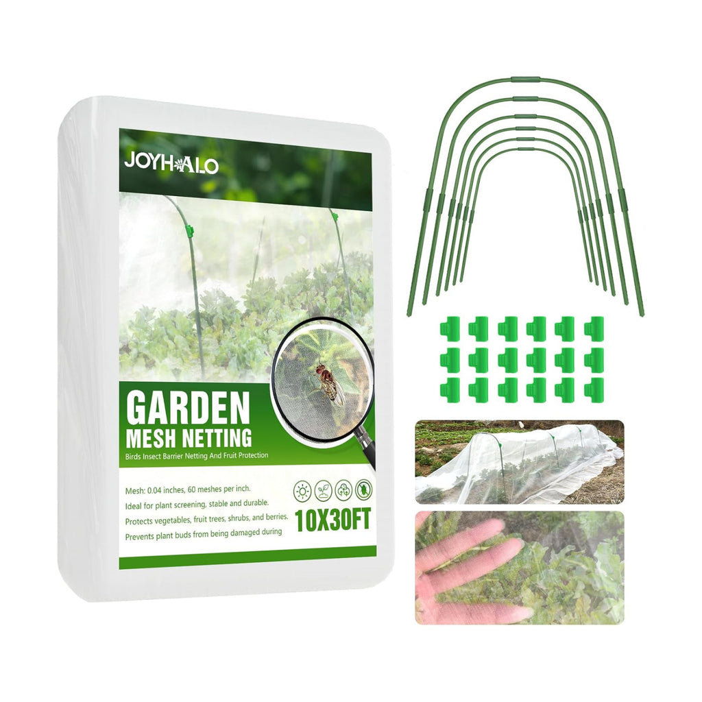 6 Sets Garden Hoops with 10x30 Ft Netting for Raised Beds, 18 Clips | 10x30 Ft Garden Net, Bird & Cicada Net for
