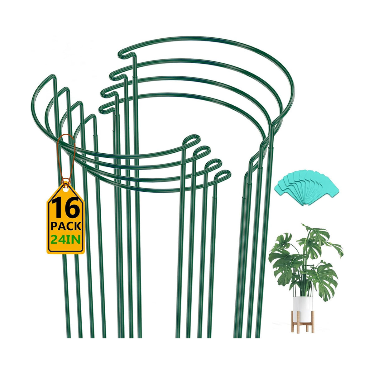 16 Pack 24 In Plant Support Stakes, Peony Cages And Supports with 15 Lable | Rust-proof Metal Plant Stakes, Adjustable
