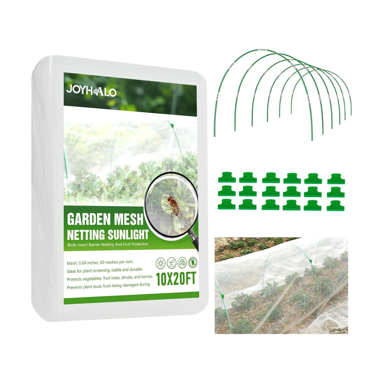 36 Pack Garden Hoops with 10x20 Ft Netting for Raised Beds, 18 Clips | Garden Mesh Netting Kit, 10x20 Ft Net, Bird &