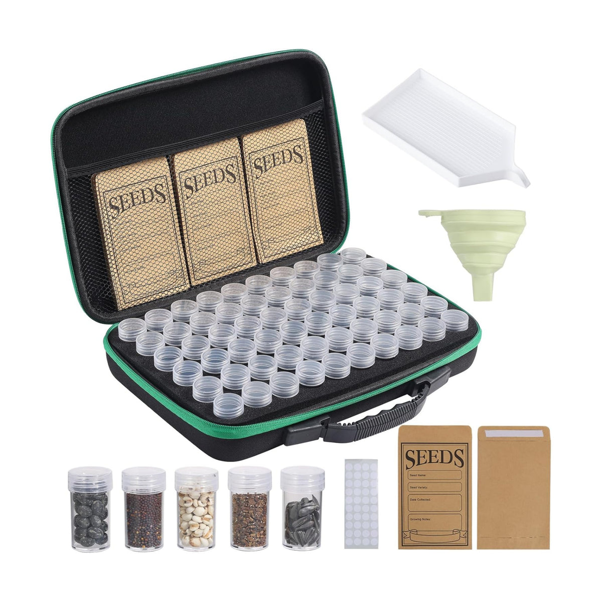 Douorgan Seed Storage Box, Portable Seed Saving Box, Sturdy Seed Organizer Kit Seed Envelopes Funnel Label, Seed Container for Flower Plants Vegetable Seed, M-60 Slots