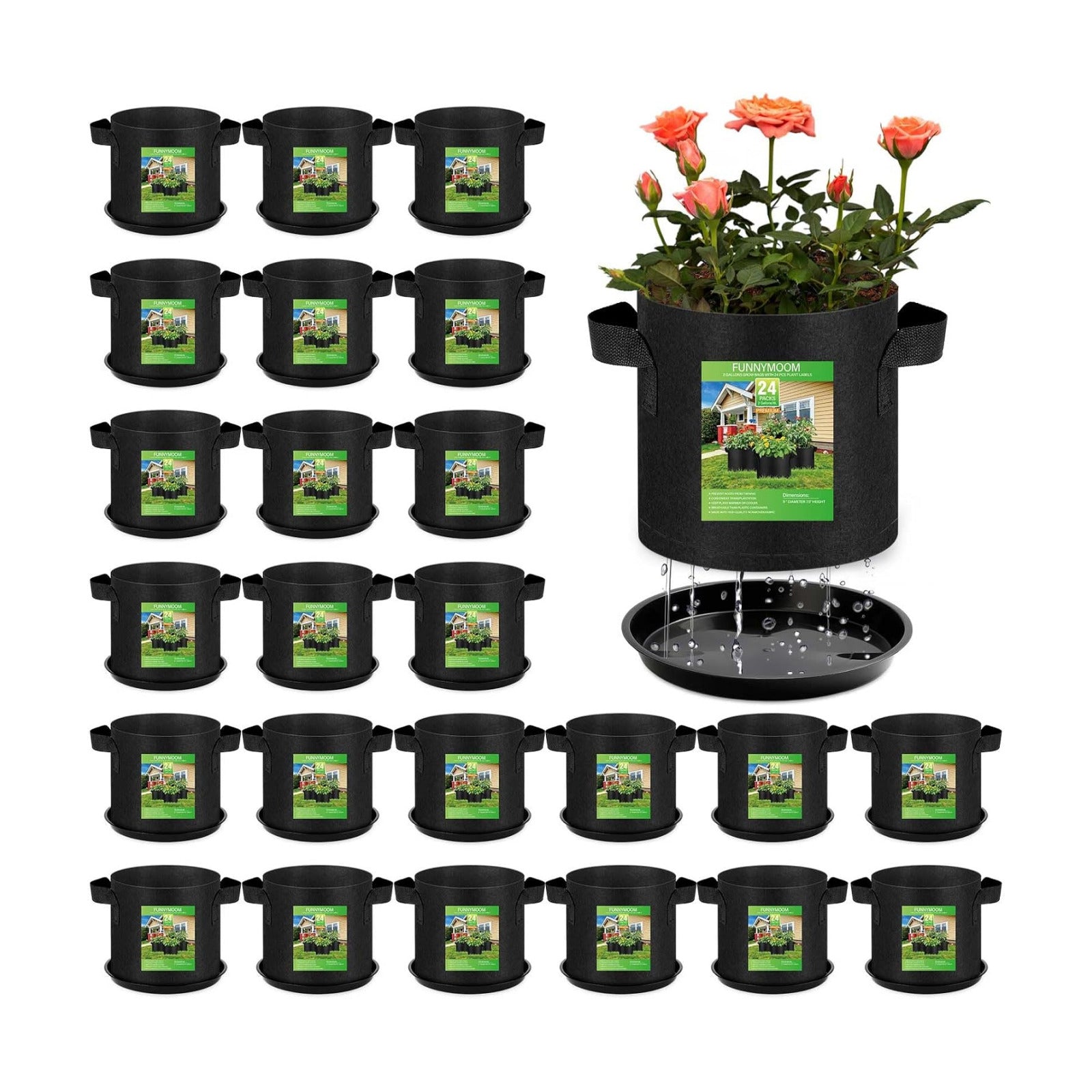 Funnymoom 24 Sets 2 Gallon Grow Bag with Plant Saucers, Durable Aeration Fabric Pots with Handles Black Drainage