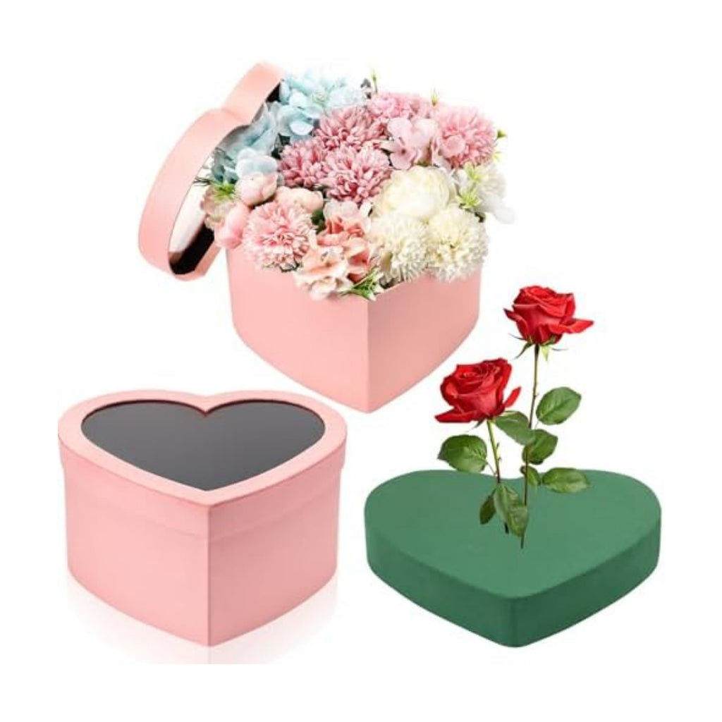 Nuenen Heart Gift Boxes for Her Him with Lid & Floral Foam Set, Grad Flower Gift Box with Clear Cellophane 9.8 x 9 x 5 Inches for Wedding Bridesmaid Birthday(Pink)