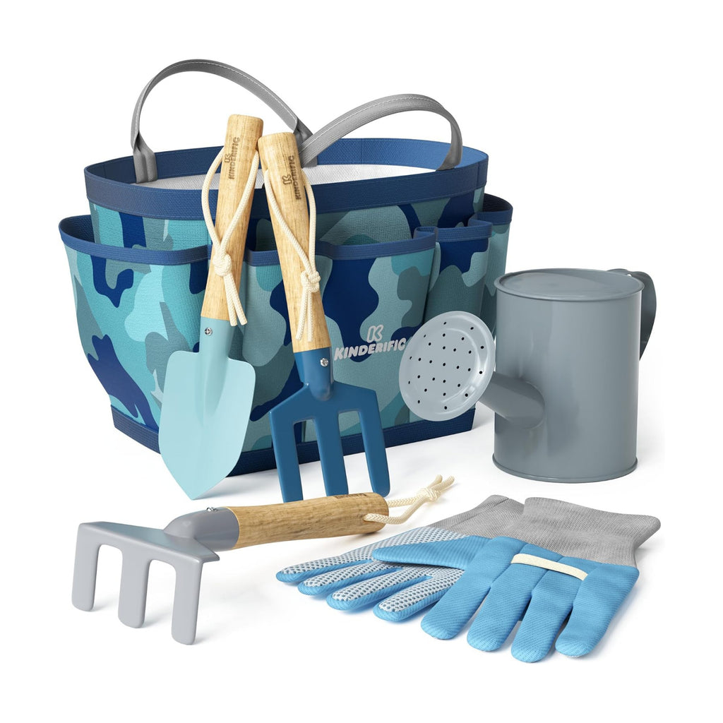 Gardening Set, Tool Kit, for Kids, STEM, Includes Tote Bag, Spade, Watering Can, Rake, Fork, Trowel and Gloves (Camo