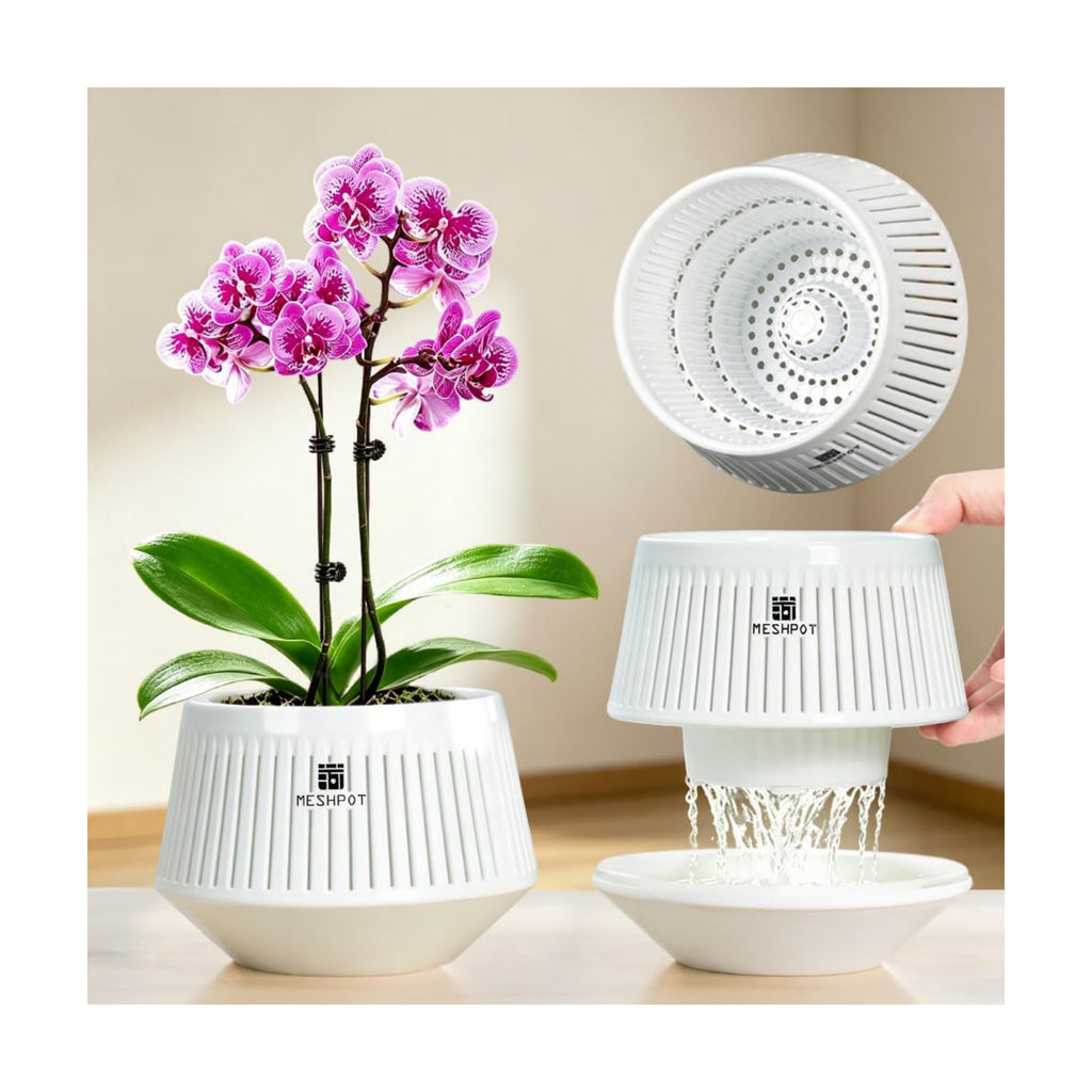 Orchid Pots with Holes for Repotting, Decorative African Violet Pots with Air-Pruning and Good Air Circulation, Plastic White Orchid Planter with Saucers, 5 Inch, Set of 1