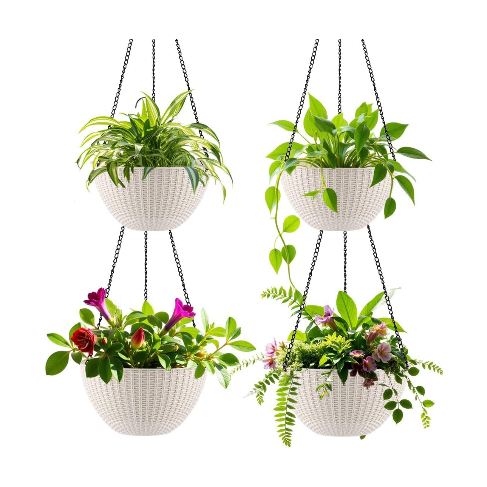 Hanging Planters 8 Inch & 10 Inch, 4 Pack Self Watering Baskets, White | Outdoor/Indoor Plants, Durable PP plastic