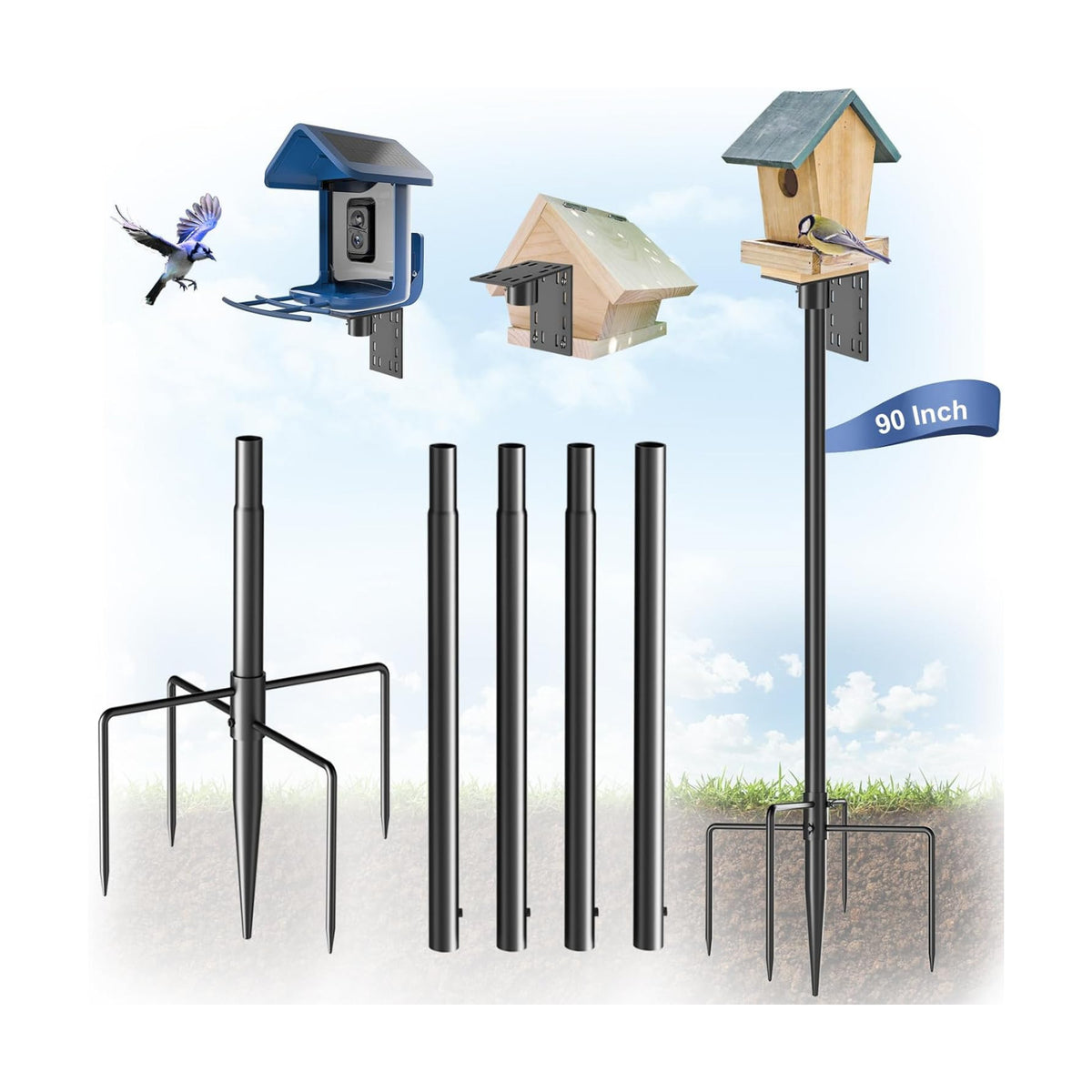 Onlyfly Bird Feeder Pole Stand – 90 Inch Height Feeding Station with 1-Inch Dia Heavy Duty for Hanging Feeders, 2026 Upgraded Bird House Pole Mount Kit for Outdoor, Slip-Fit Connection