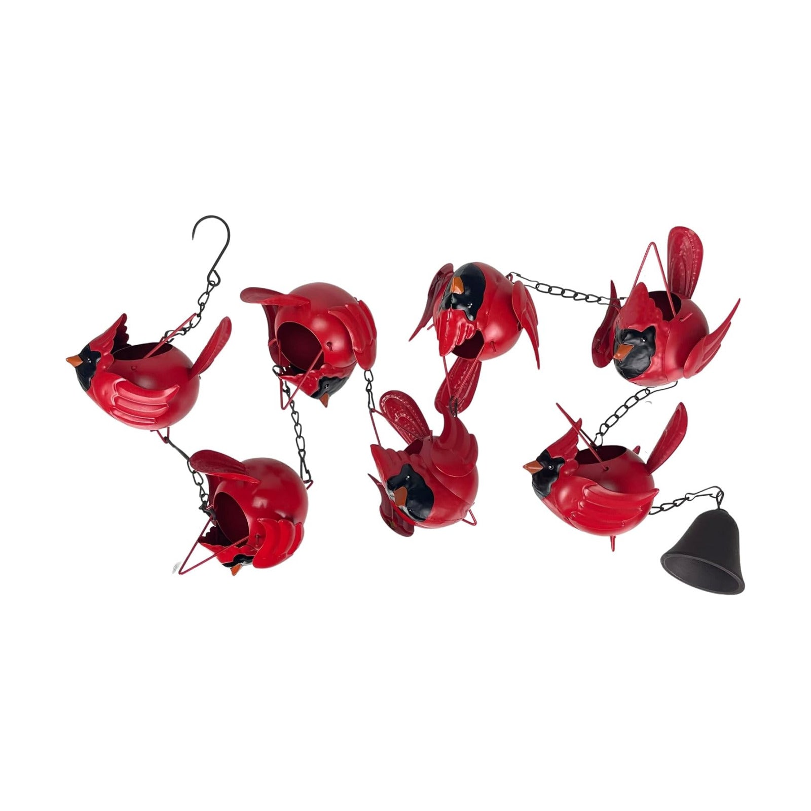 Red Cardinal Rain Chain, 85 Inch Metal with 7 Birds and Bell | Rustic Brown Finish, Three-Dimensional Designs, Each 5.5