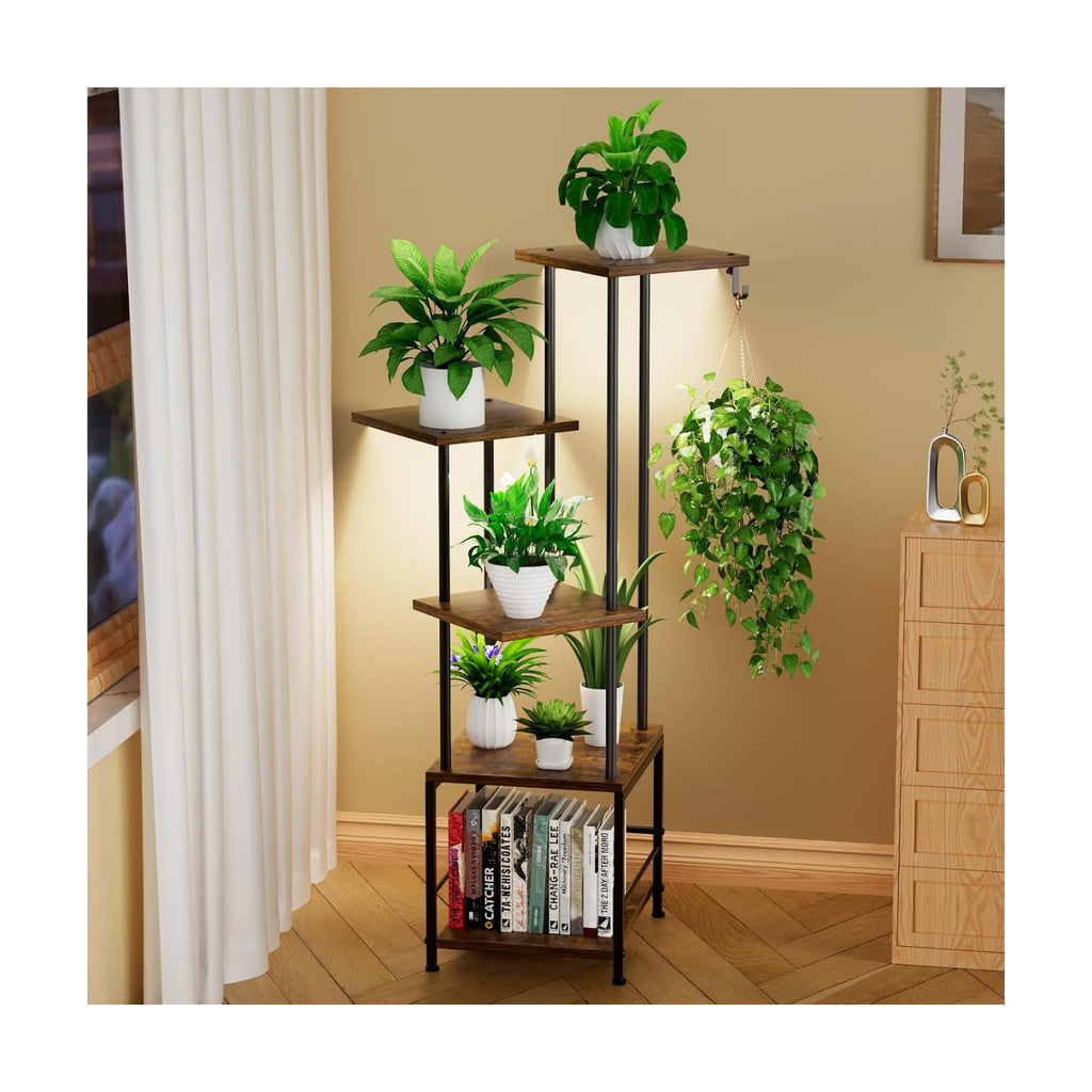 Plant Stand Indoor with Grow Light - 5-Tier Metal Plant Shelf with Hanging Basket Hook, Corner Tall Flower Holder for