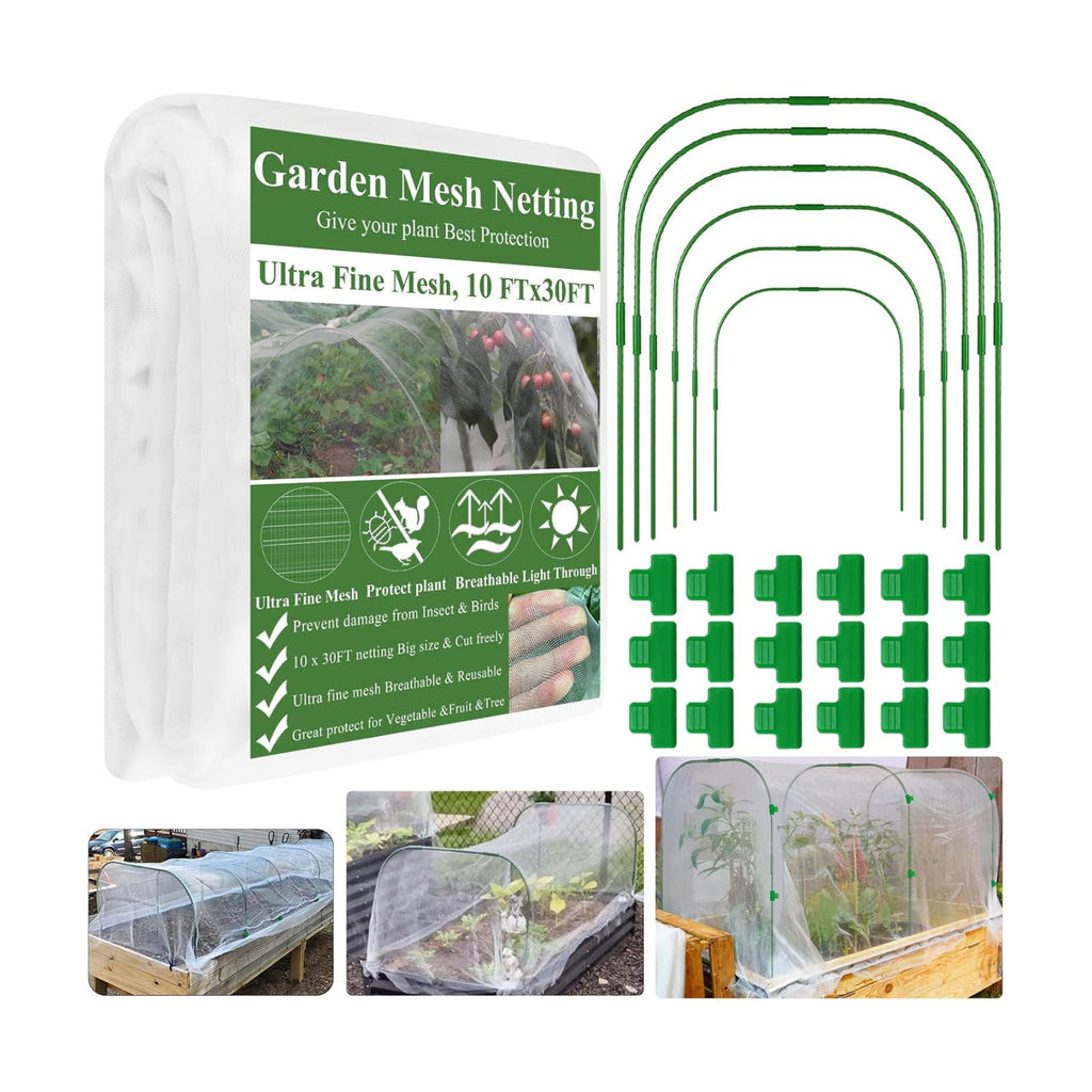 Garden Mesh Netting Kit, Plant Covers 10x30Ft Ultra Fine Mesh Netting & 6Pcs Garden Hoops &18 Clip, Garden Netting Kit