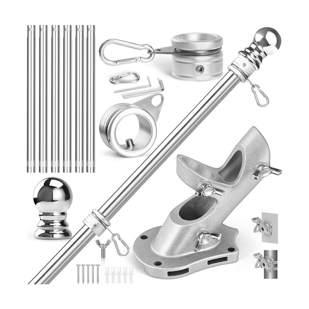 Anovo Flag Pole Kit- Upgraded Holder, Stainless Steel 7 FT Flag Poles with1 Inch Metal 360° Rotating Flag Pole Rings