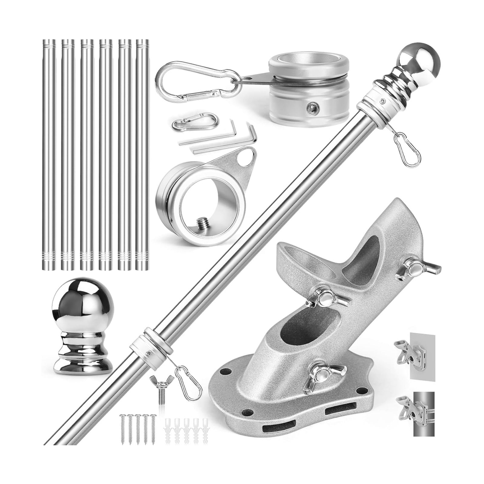 Anovo Flag Pole Kit- Upgraded Holder, Stainless Steel 7 FT Flag Poles with1 Inch Metal 360° Rotating Flag Pole Rings