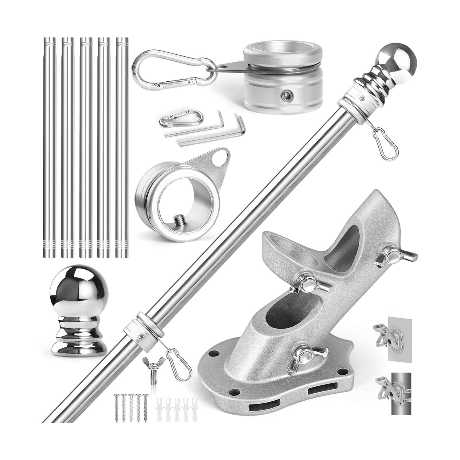 Anovo Flag Pole Kit- Stainless Steel 6 FT Flag Poles with1 Inch Metal 360° Rotating Flag Pole Rings Clip, Two-Position