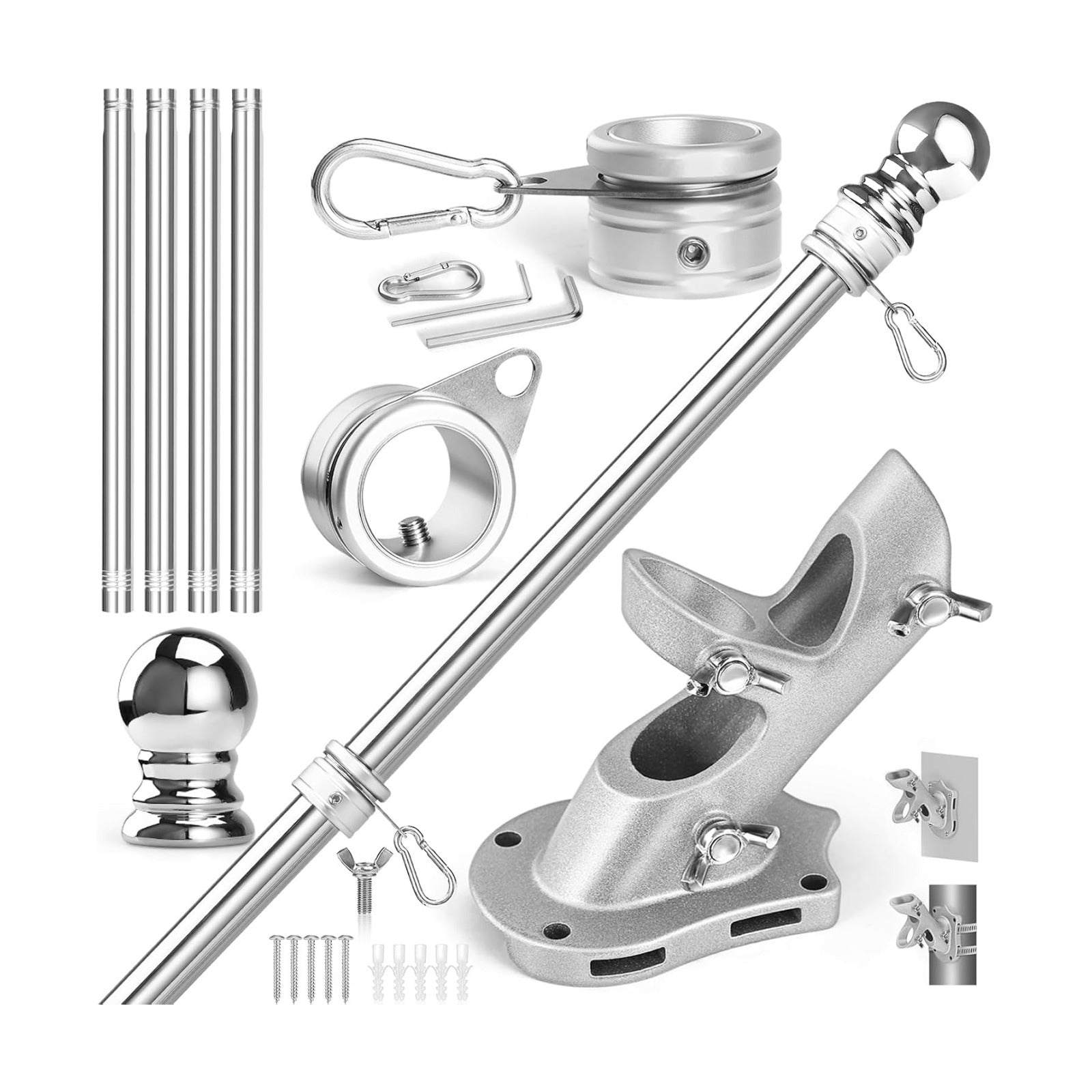 Anovo Flag Pole Kit- Upgraded Holder, Stainless Steel 5 FT Flag Poles with1 Inch Metal 360° Rotating Flag Pole Rings