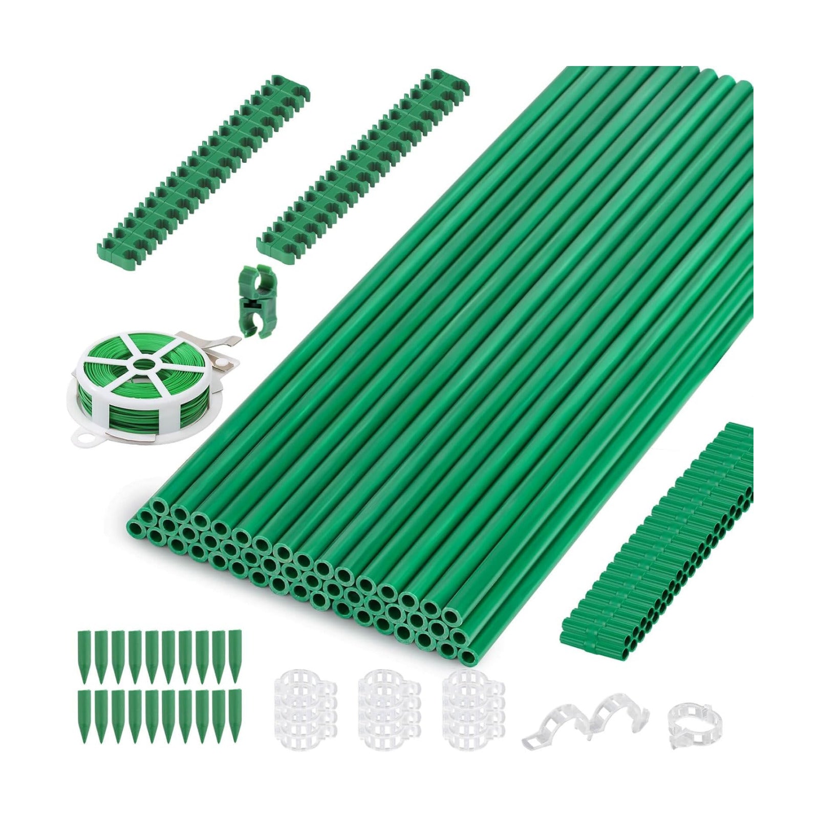Cludoo 162PCS Garden Stakes Set with 50 Sets Fiberglass Plant Stakes Sticks Supports and Accessories, DIY 4ft 5ft 6ft