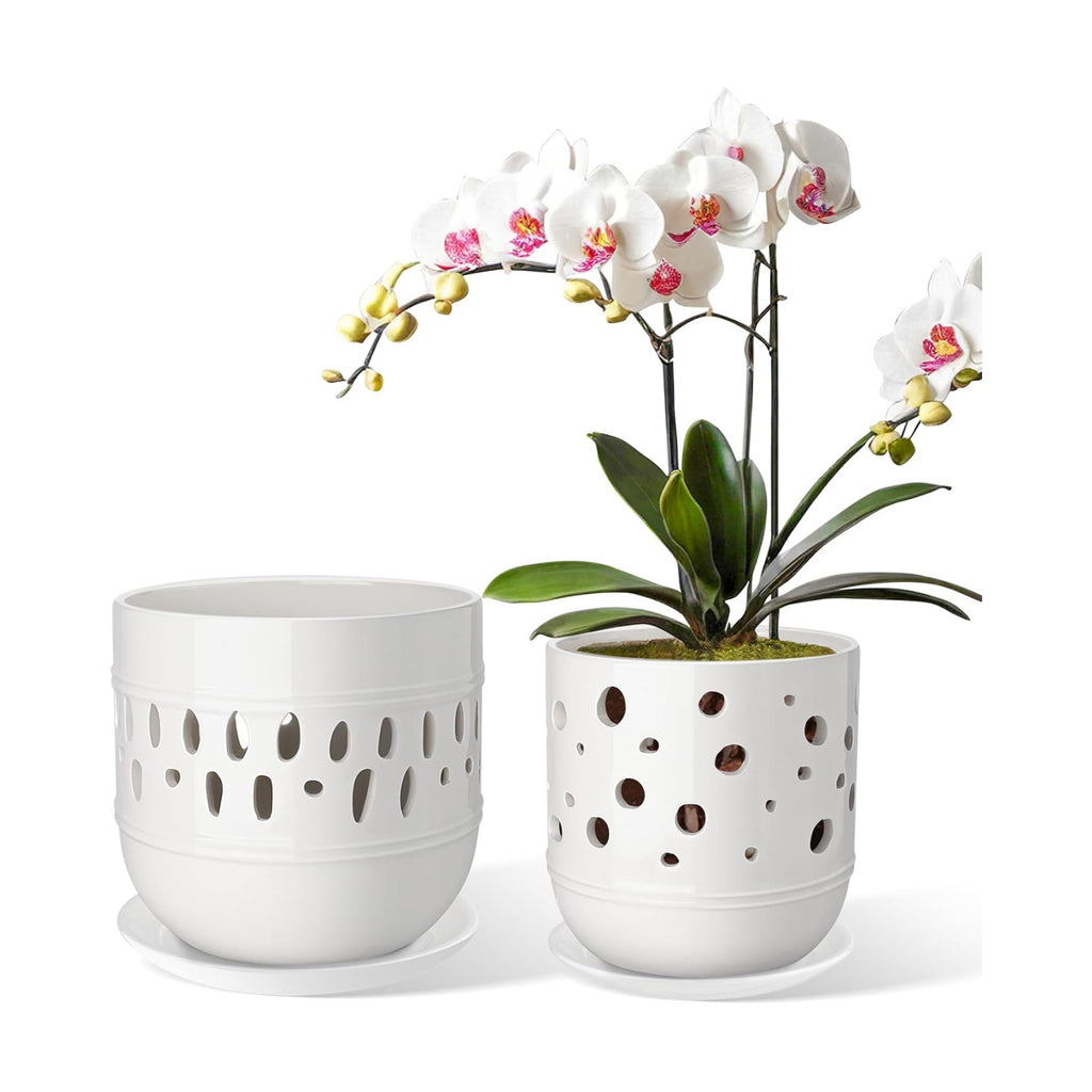 Orchid Pot with Holes, 5+6 Inch Ceramic Orchid Pots, Flower Pots with Drainage and Saucer, Promoting Air Circulation