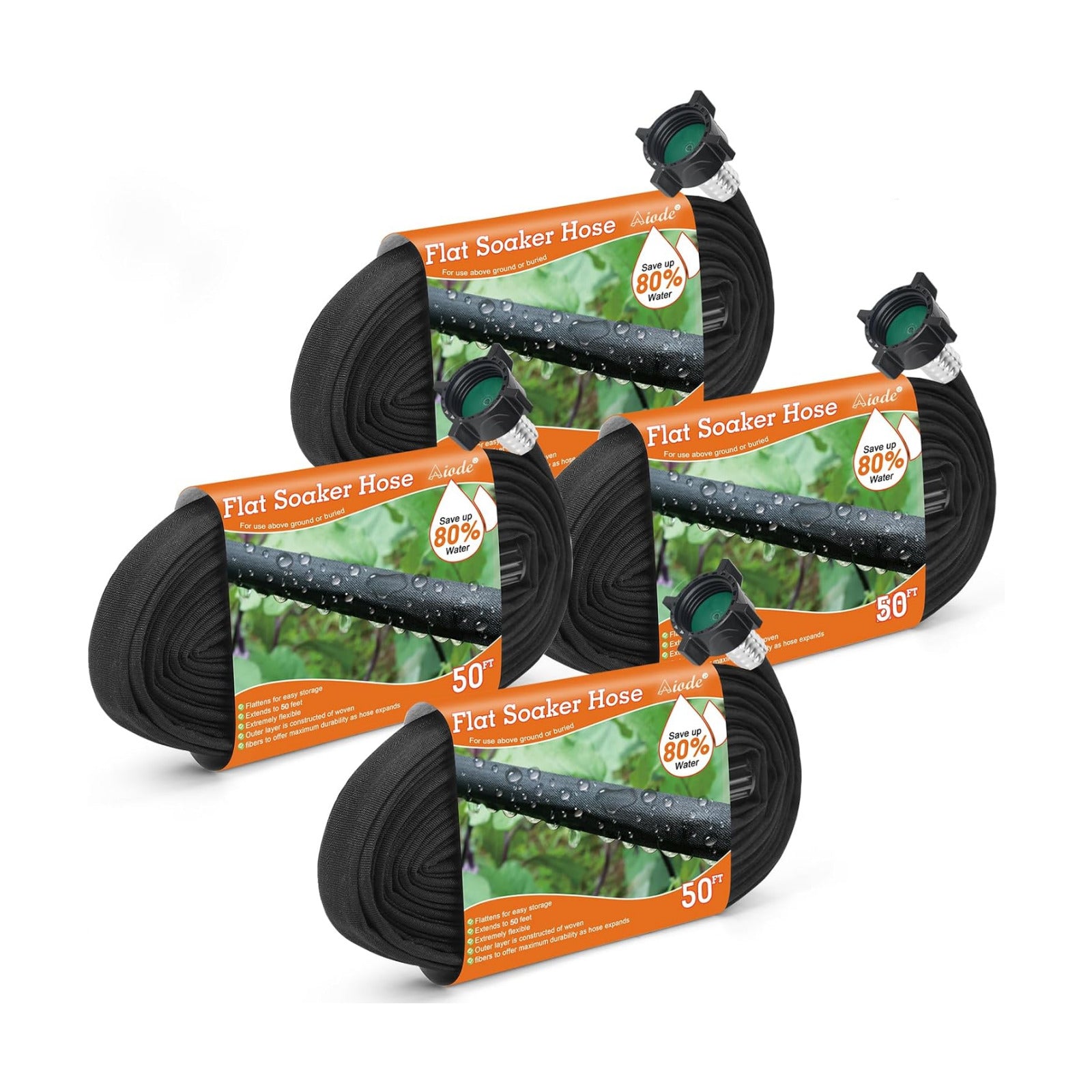 AIODE Flat Soaker Hose 200FT (50FT 4Pack) for Garden Beds Drip Hose Heavy Duty Save 80% Water for Vegetable Tree (200FT)