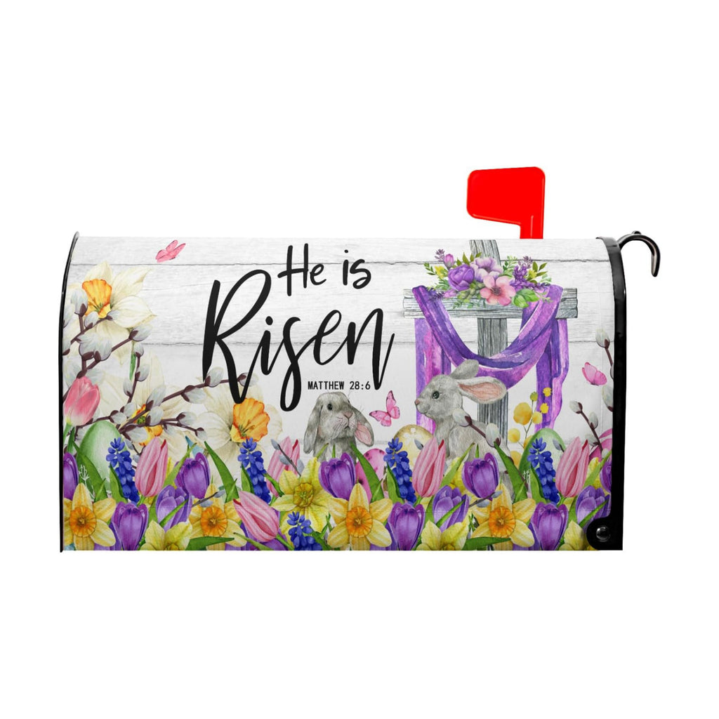 He is Risen Easter Cross Christian Mailbox Cover Magnetic Large Size 25x21in Religious Spring Lily Flower Decorative Mailbox Wrap Decals Easter Bunnies Rabbit Post Letter Box Cover for Garden Yard