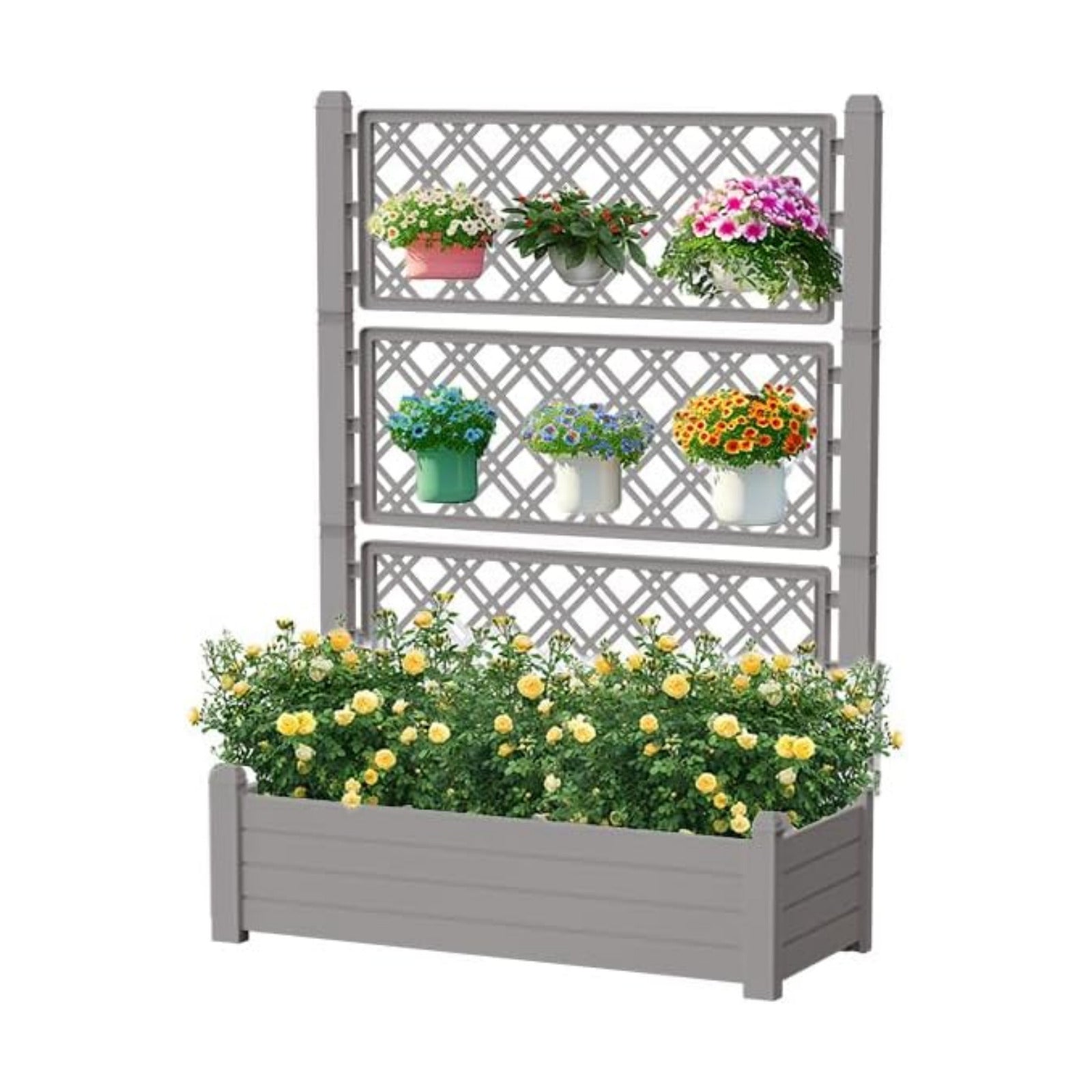 Raised Garden Bed with Trellis for Climbing Plants, Raised Herb Garden Bed with Drainage Plug & Water Level Gauge