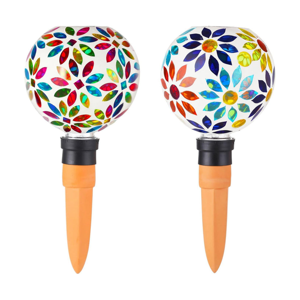 VOREEN Mosaic Glass Plant Watering Globes 2 Pack 500ml with Terracotta Spikes, Handmade Self-Watering Stakes for