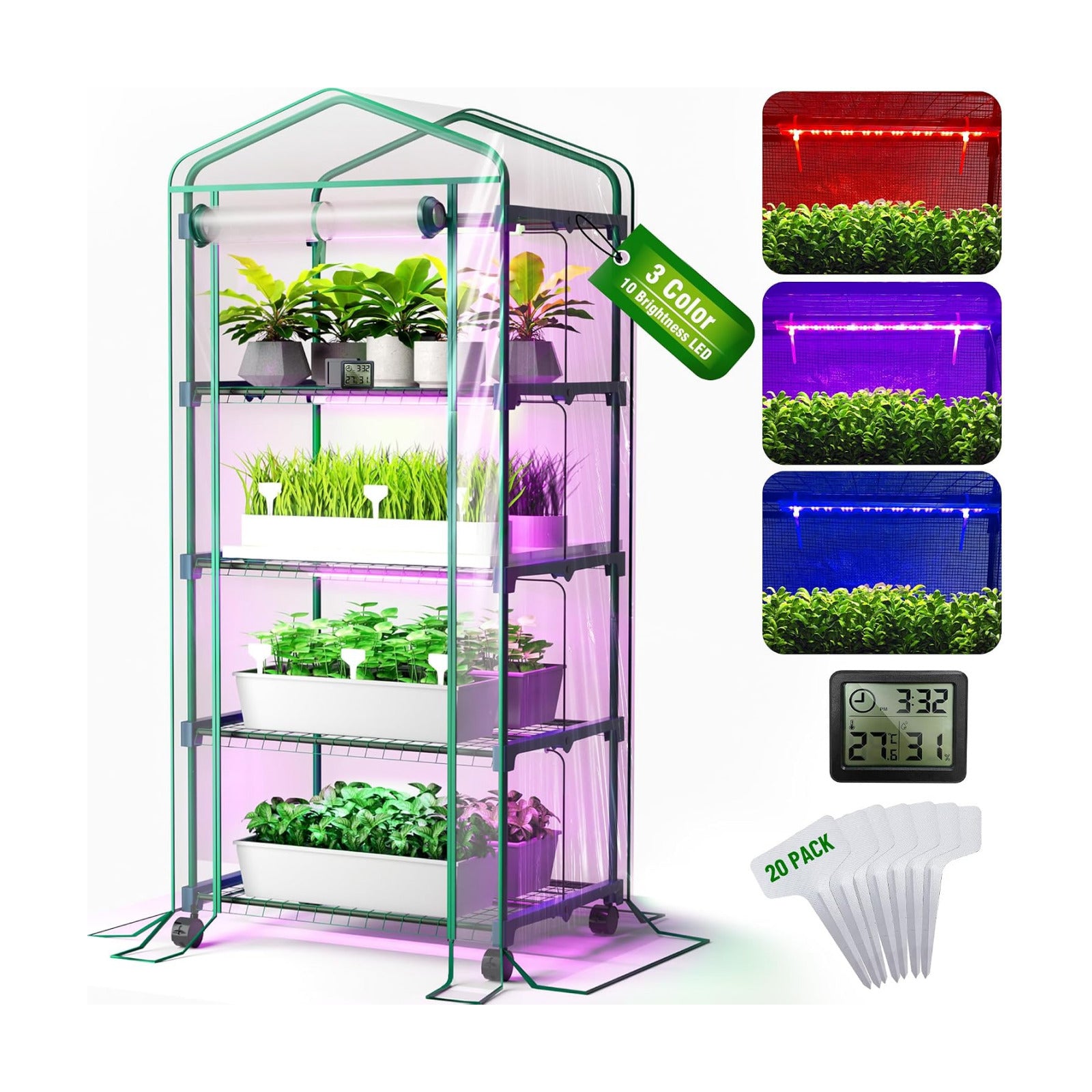 PYY Mini Indoor Greenhouse with Grow Light - Small Portable Outdoor Plant Green House Cabinet with Wheels, Thermometer