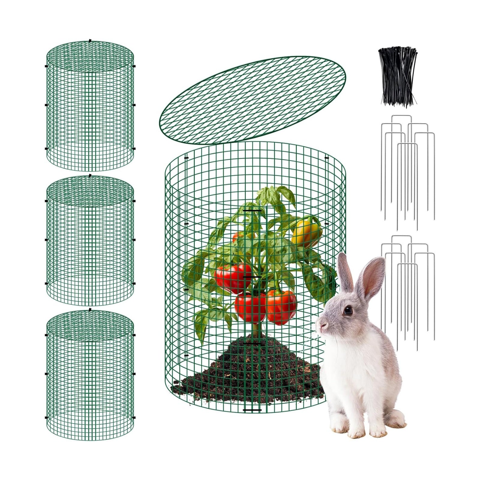 4 Sets 13"x 16" Wire Plant Protector from Animals, Plant Protector Cages | Zip Ties & Stakes Included, Garden Plant