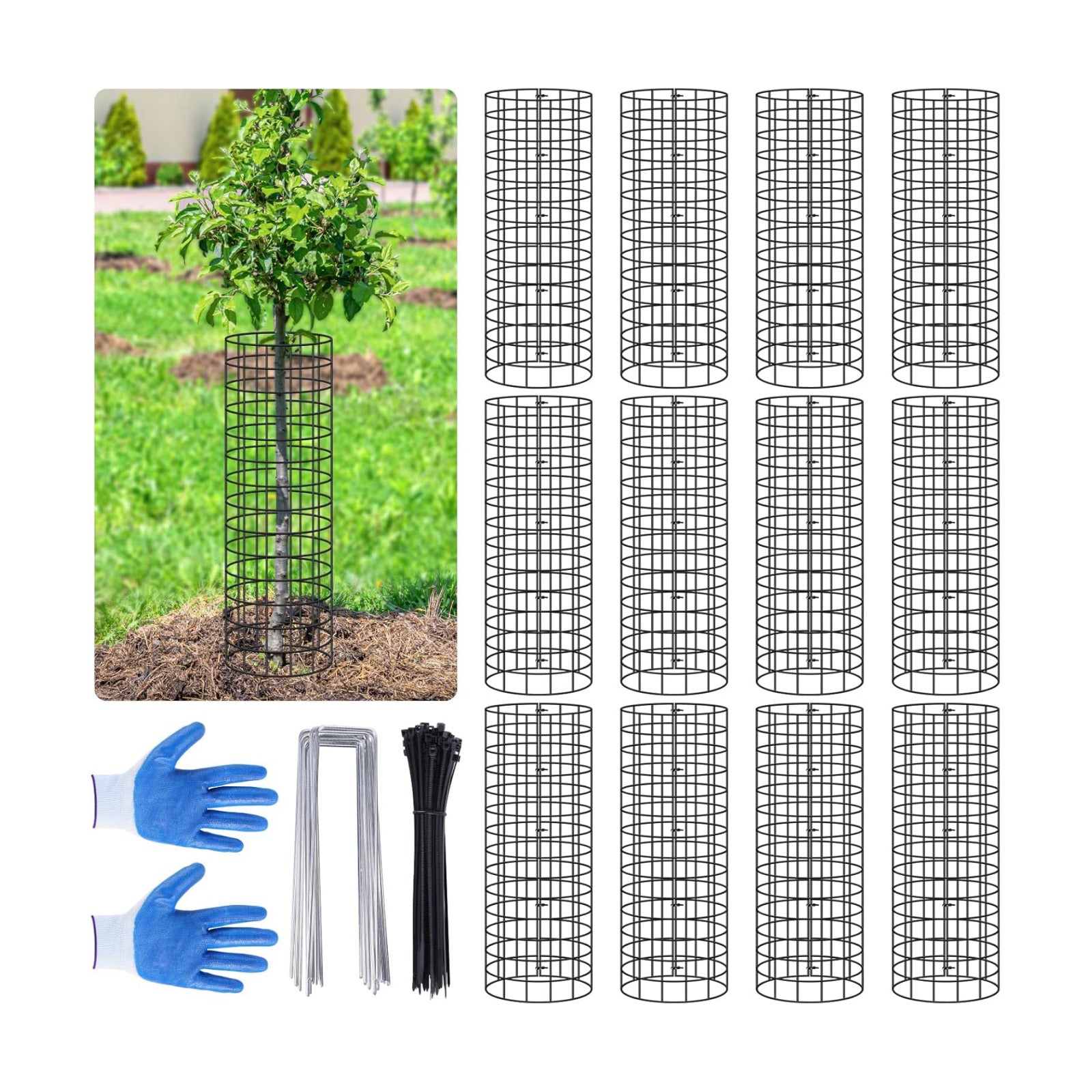 12 Pack Tree Protectors from Deer, 16.5 ''H Pre-Curved Tree Trunk Protector | with Zip Ties Metal Stakes and Gloves