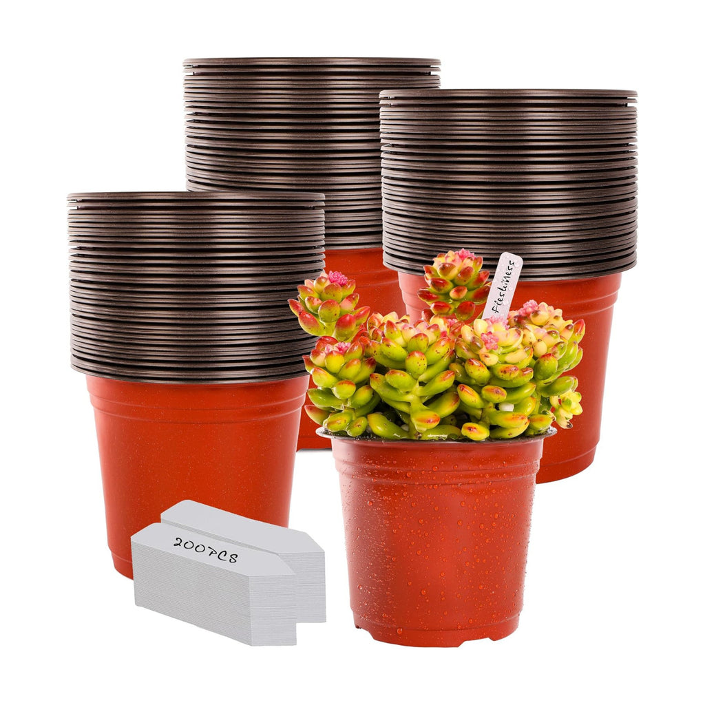 TDHDIKE 6" Plastic Plant Nursery Pots 200Pcs with 200 Labels | Red Seedling Flower Containers, Indoor/Outdoor Seed