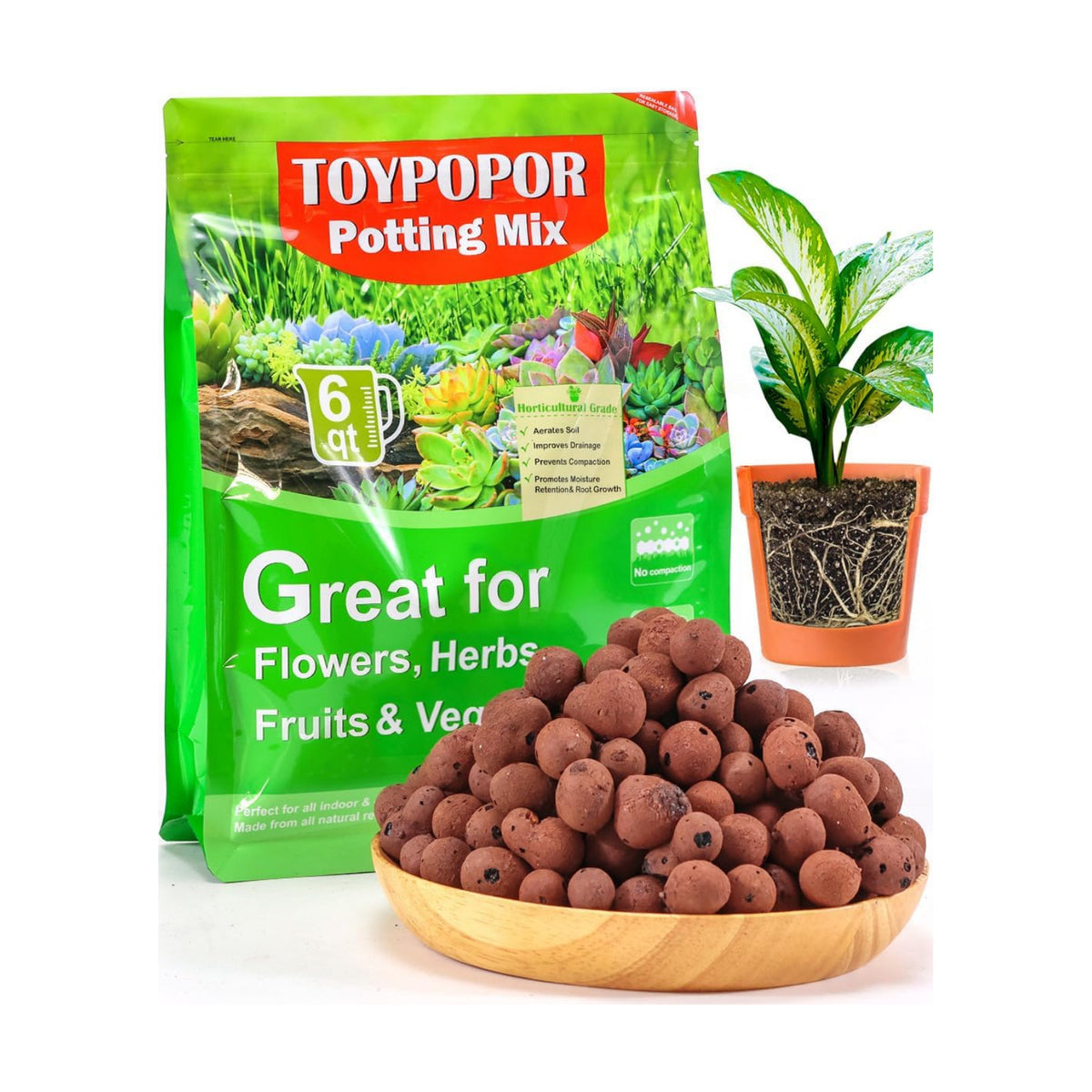 TOYPOPOR Leca Clay Pebbles for Plants, (6 Quarts) Leca Balls, Lightweight Clay Ball, Potting Mix, Grow Media Used for Drainage, Decoration, Aquaponics, Hydroponics and Other Gardening Essentials