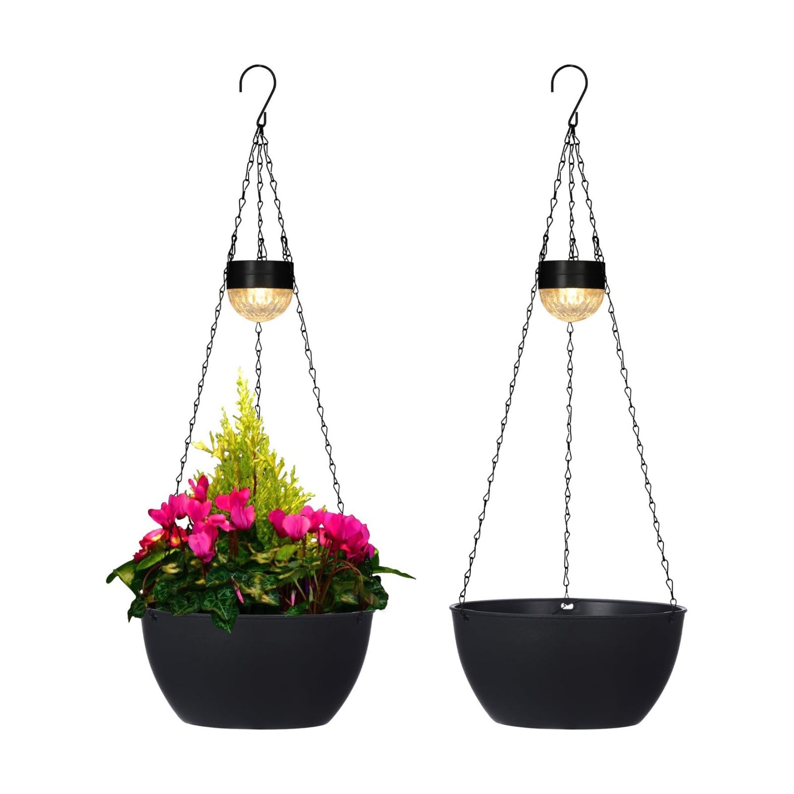 BAYN 2 Packs Solar Hanging Basket Planters for Plants Outdoor | Self Watering, Black Flower Pots with Solar Light