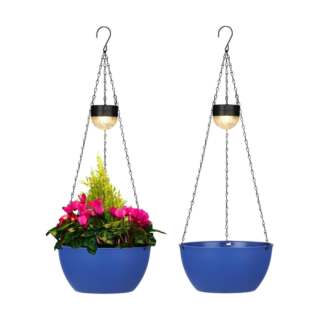 BAYN 2 Packs Solar Hanging Basket Planters for Plants Outdoor | Self Watering, Blue Flower Pots with Solar Light