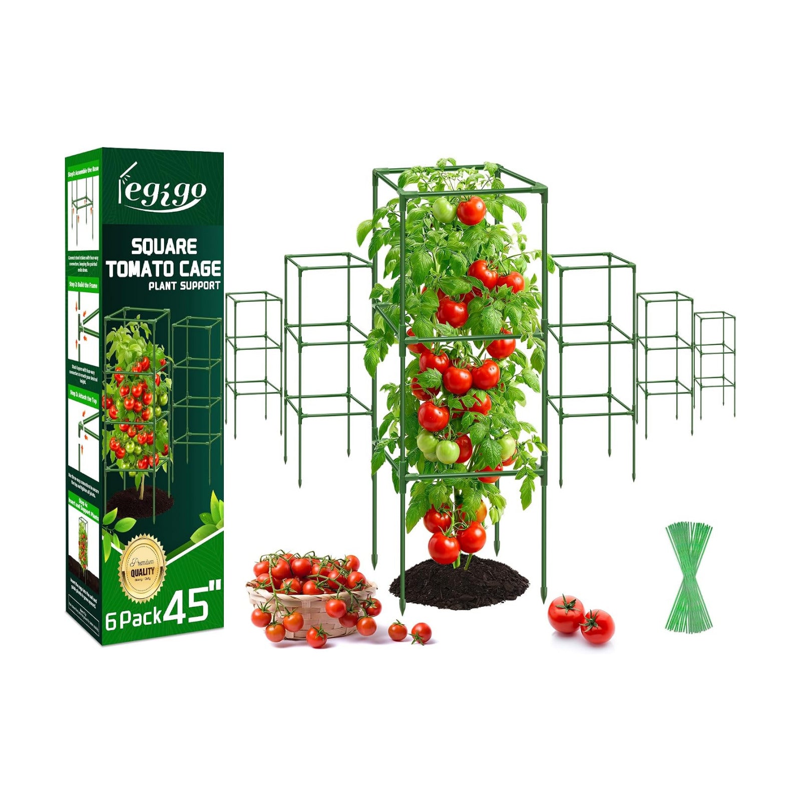 6 Pack 45 Inch Tomato Cages for Garden, Heavy Duty Tomato Trellis | Adjustable & Reusable Square Tomato Plant Support