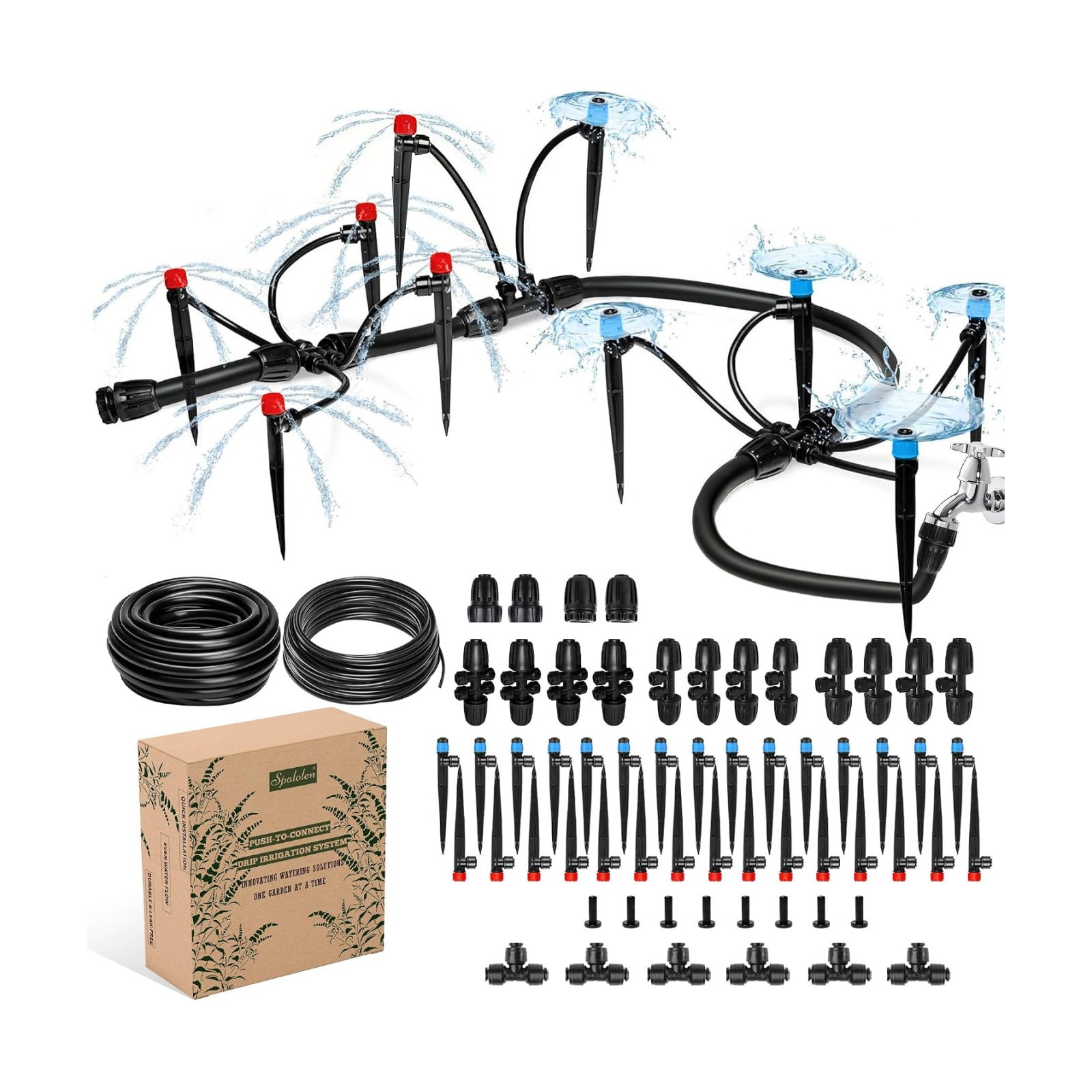 Push-to-Connect Drip Irrigation System Kit, Complete Premium Garden Watering System with 50FT 1/2" Mainline