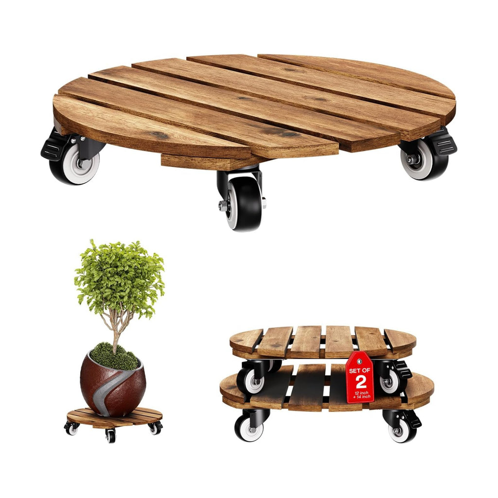 Combo 12 Inch and 14 Inch Acacia Wood Rolling Round Planter Caddies for Plant Pots, Heavy Duty Plant Stand with 360°