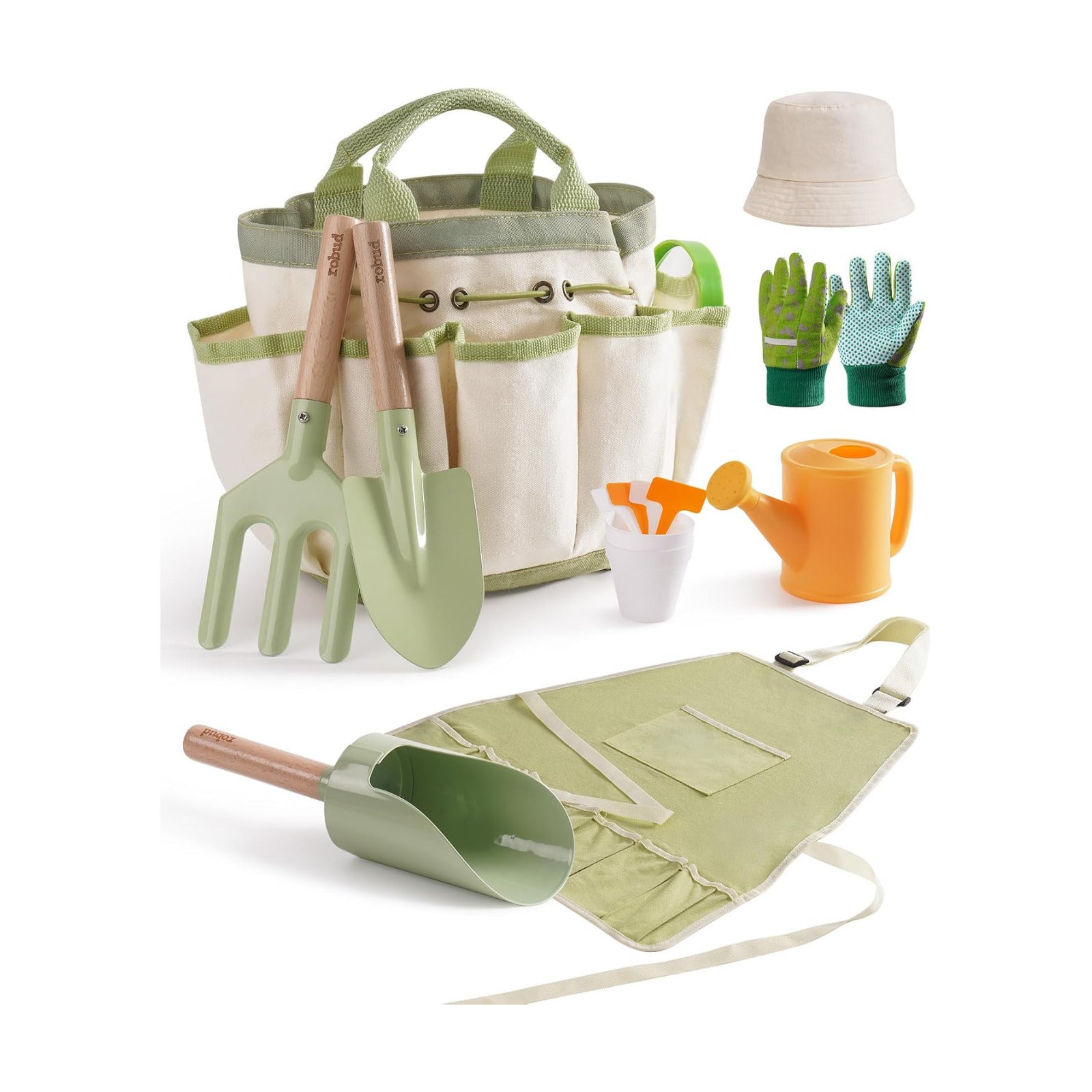 ROBUD Kid Gardening Set, Wooden Garden Tool for Kid, Garden Tool Kit with Tool Storage Bag, Apron, Gloves, Montessori