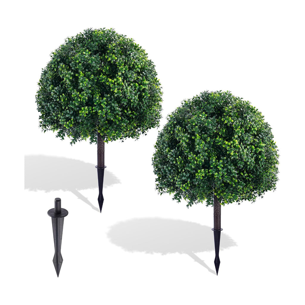 28 Inch Artificial Boxwood Trees, 2 Sets Faux Boxwood Topiary with Spikes, Pot Filler Fake Shrubs Plants for Outdoor Planters, Round Topiary Bush Balls Front Porch Home Garden Spring Decor