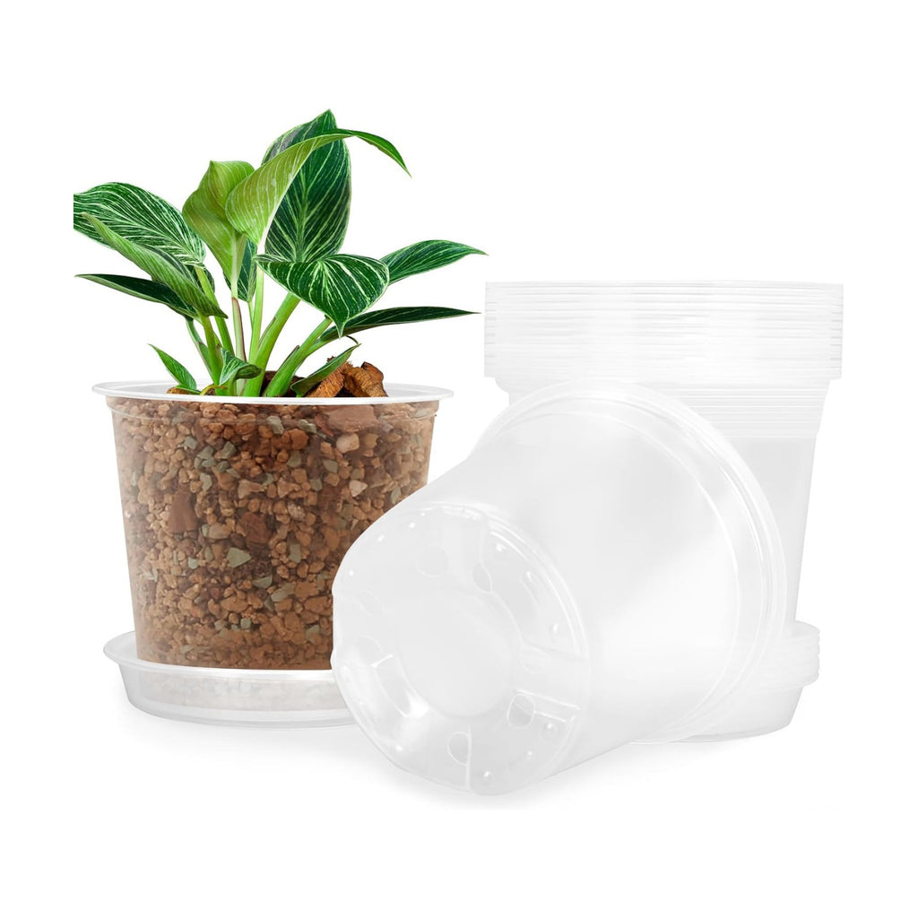 FUIJOL 7 Inch Clear Nursery Pots for Plants with Sacuers 15 Pack, Plastic Flower Pots with Drainage Holes, Variety Pack Seedlings Garden Pot for Indoor Outdoor (7 inch)