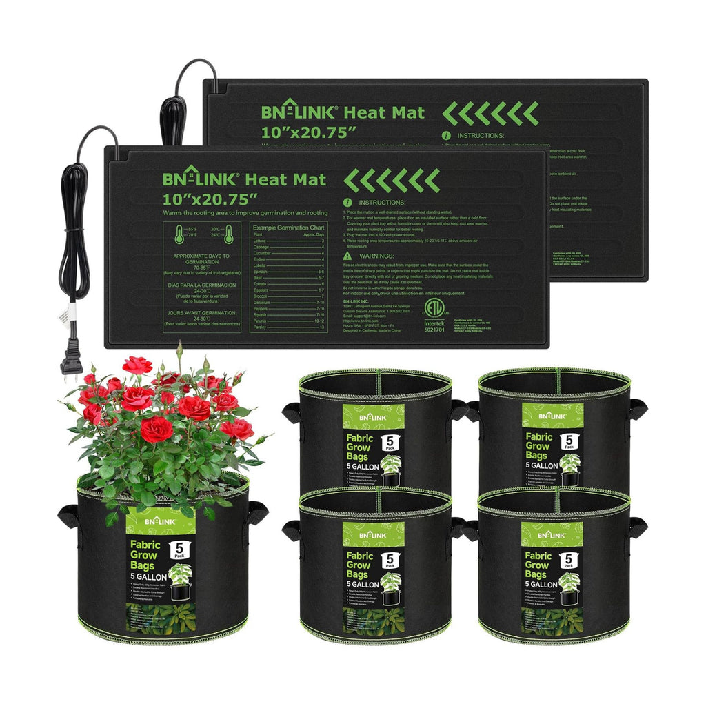 BN-LINK Seedling Heat Mat 10" x 20.75"-2 Pack and 5 Pack 5 Gallon Grow Bags
