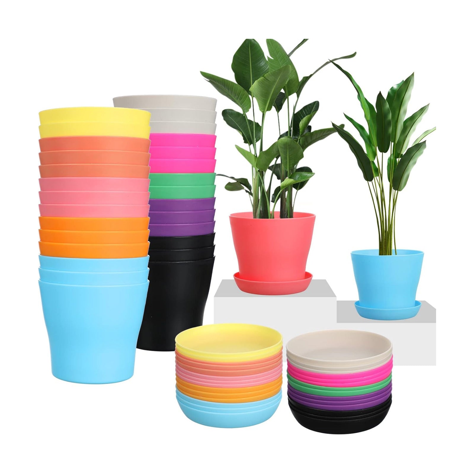 Potchen 5.5 Inch Plastic Plant Pots Bulk, 33 Pack Small Colorful Planters Pot with Drainage Holes,Seedling Nursery