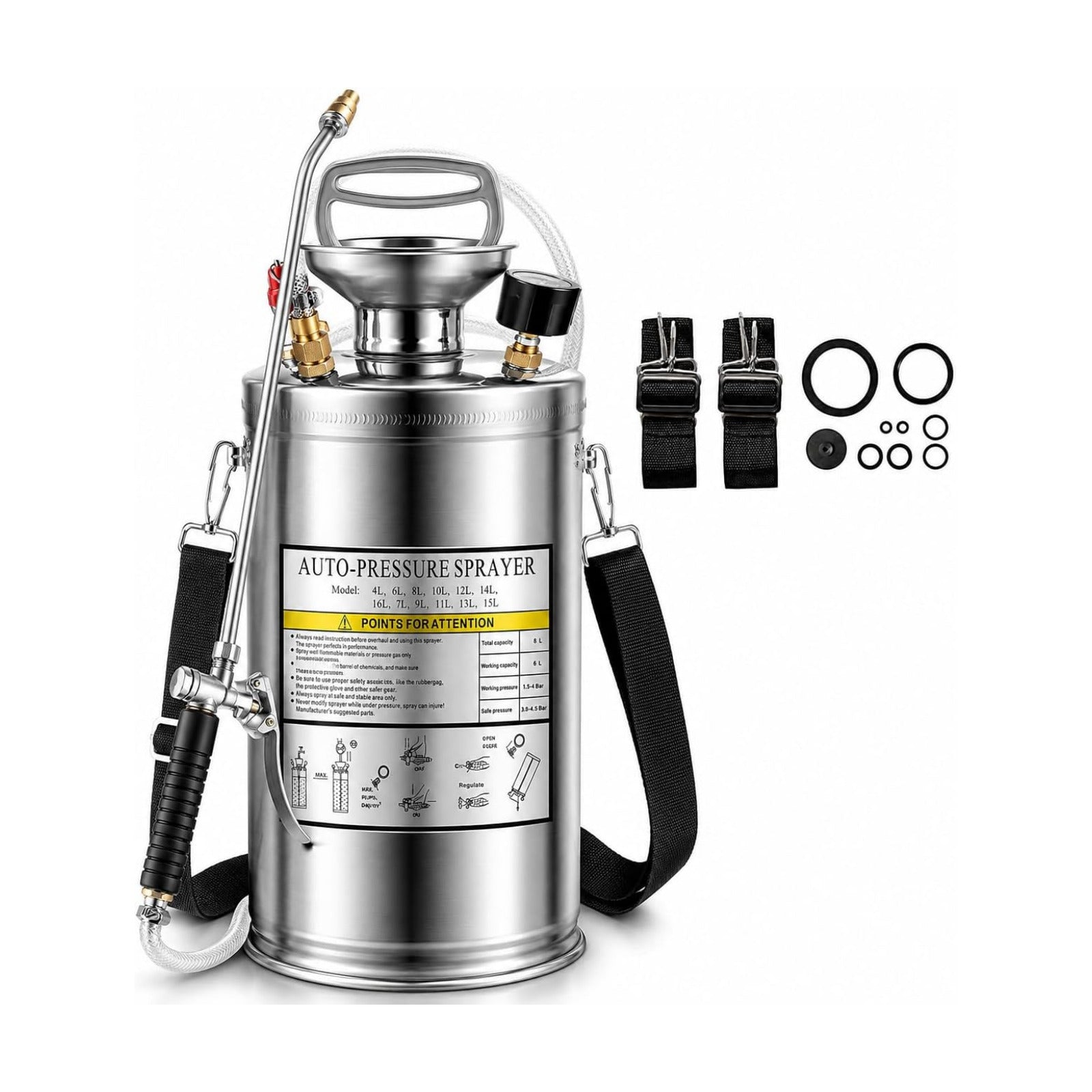 3.5 Gallon Stainless Steel Sprayer, Hand Metal Pump Up Sprayer Reinforced Hose with Pressure Gauge, Safety Valve &