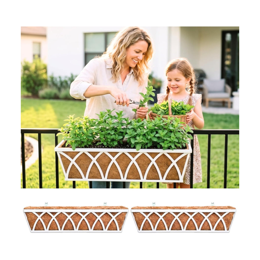 LaLaGreen Deck Railing Planter Outdoor (2 Pack, 30") Rectangular Window Flower Box with Coco Liner, White Metal Wall