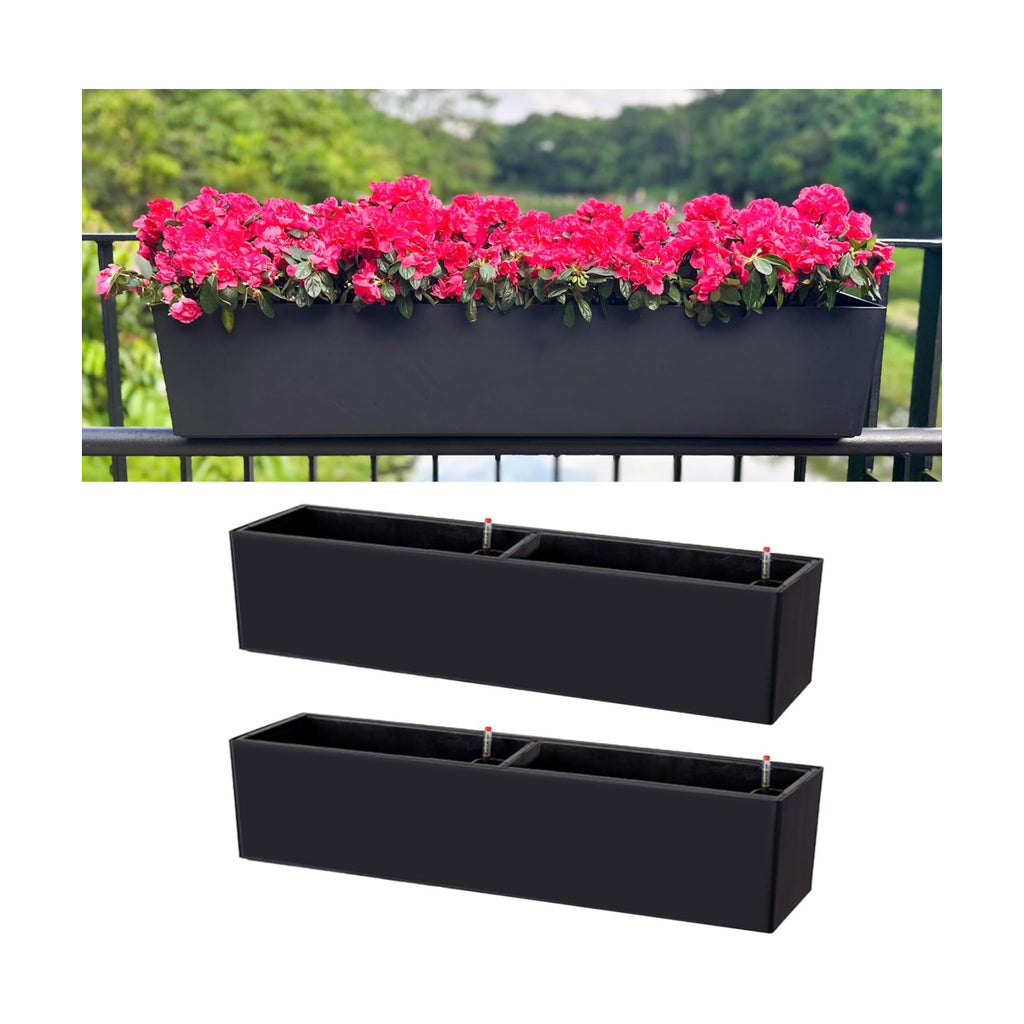 LaLaGreen Rail Planter Boxes for Outdoor (2 Pack, 40") Hanging Flower Pots with Bracket, Black Rectangular Self