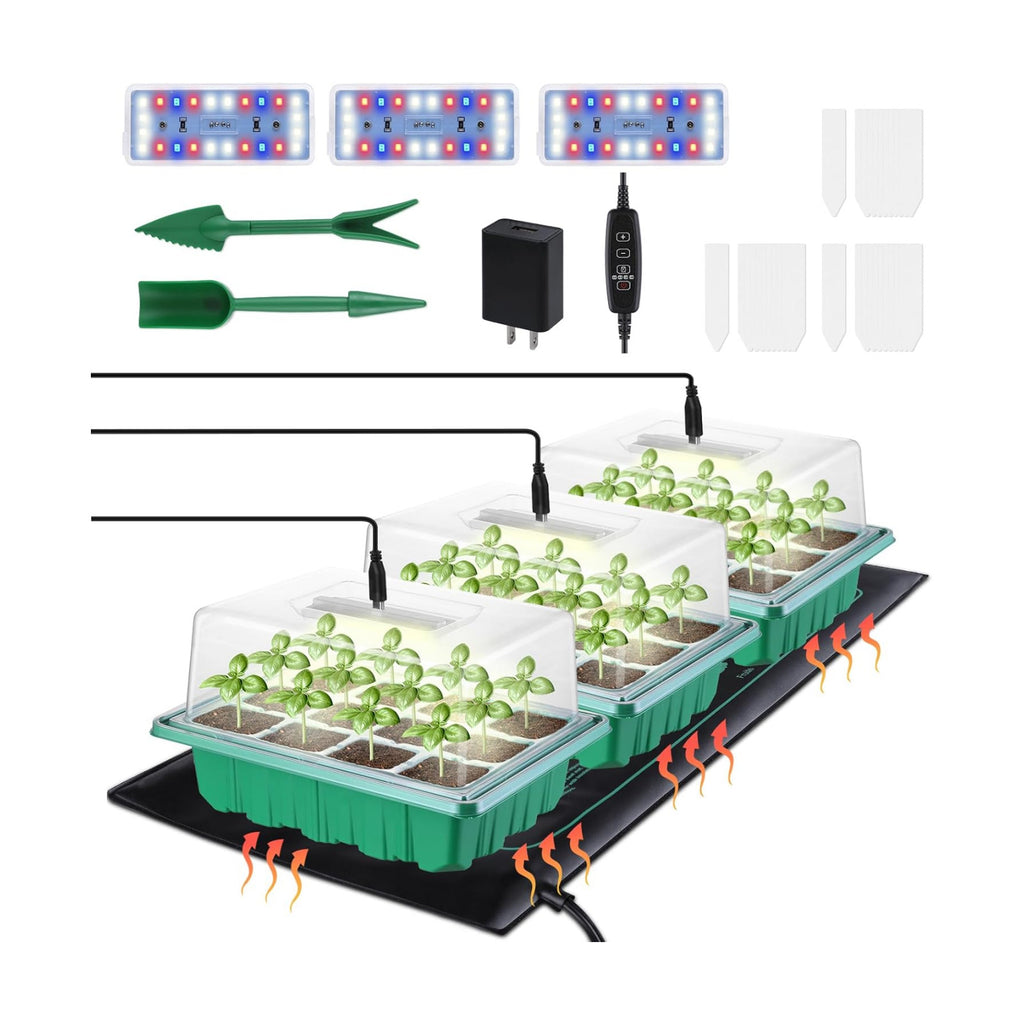 3-Pack Seed Starter Trays with Heat Mat, Seed Starter Kit with Grow Lights, 36 Large Cells Seed Germination Kit with