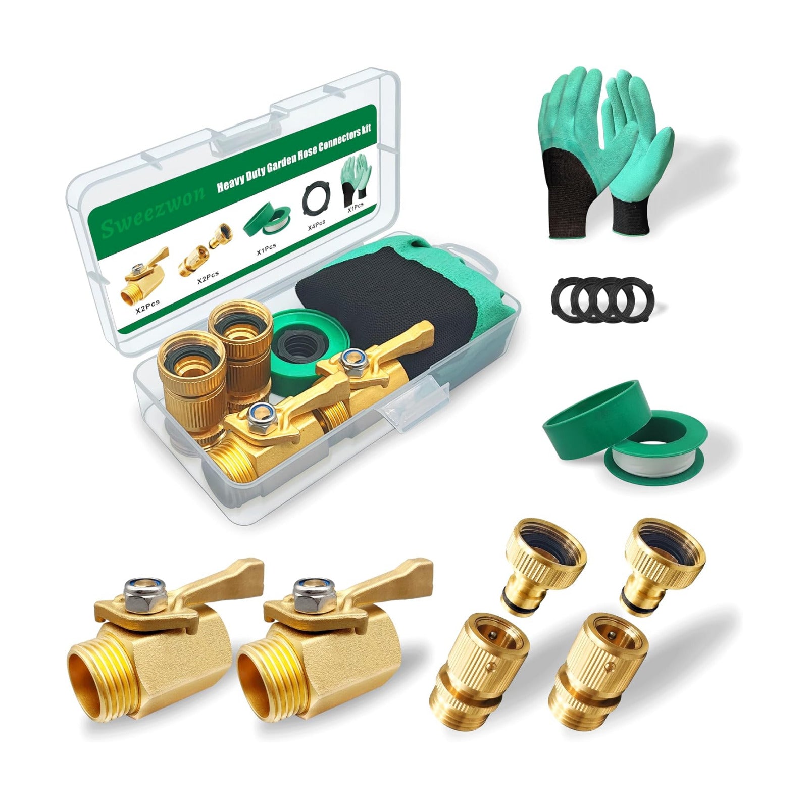 Solid Brass Garden Hose Accessories Kit - 2 Pack 3/4" GHT Full Flow Shut Off Valves & Quick Connects - Includes 8