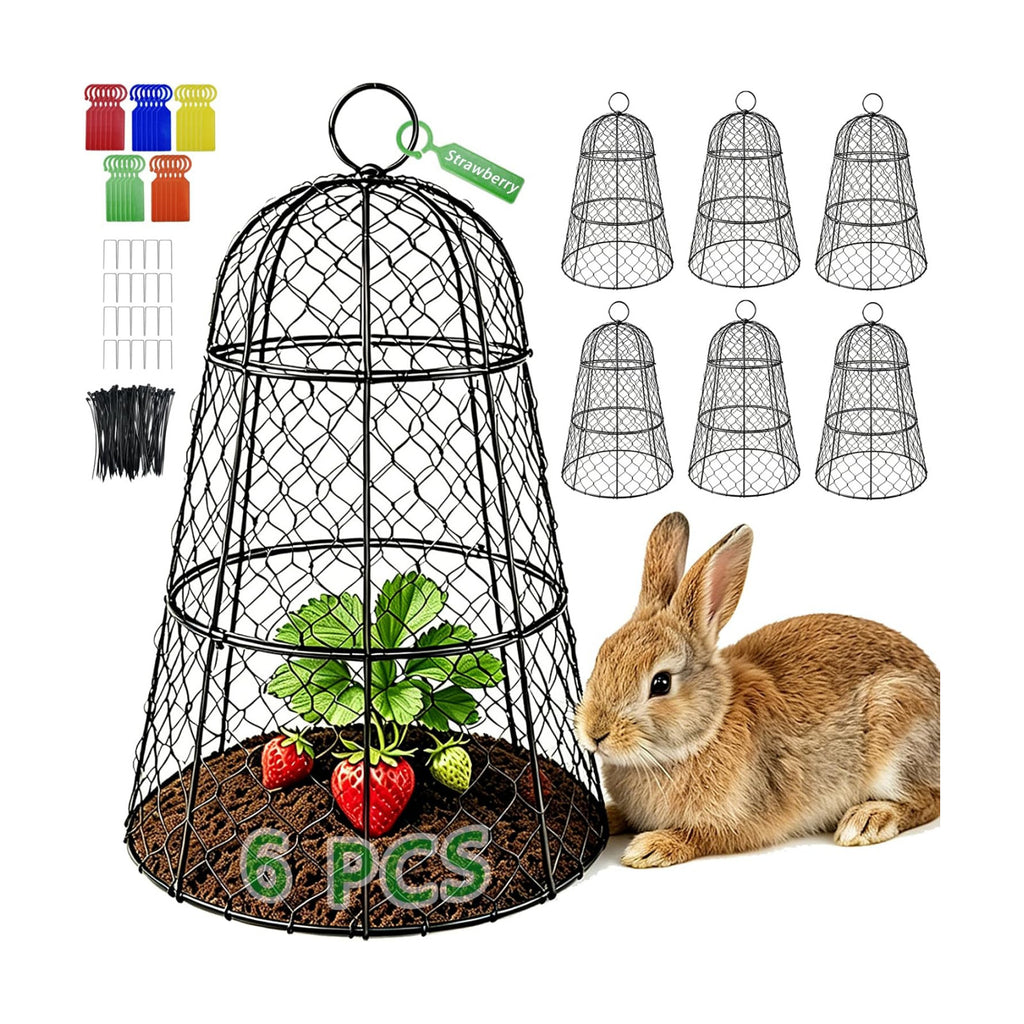 6 PCS 17.7"H X11.42"D Chicken Wire Plant Covers Protectors, Rustproof Heavy Duty Metal Plant Cage with Stakes & Labels
