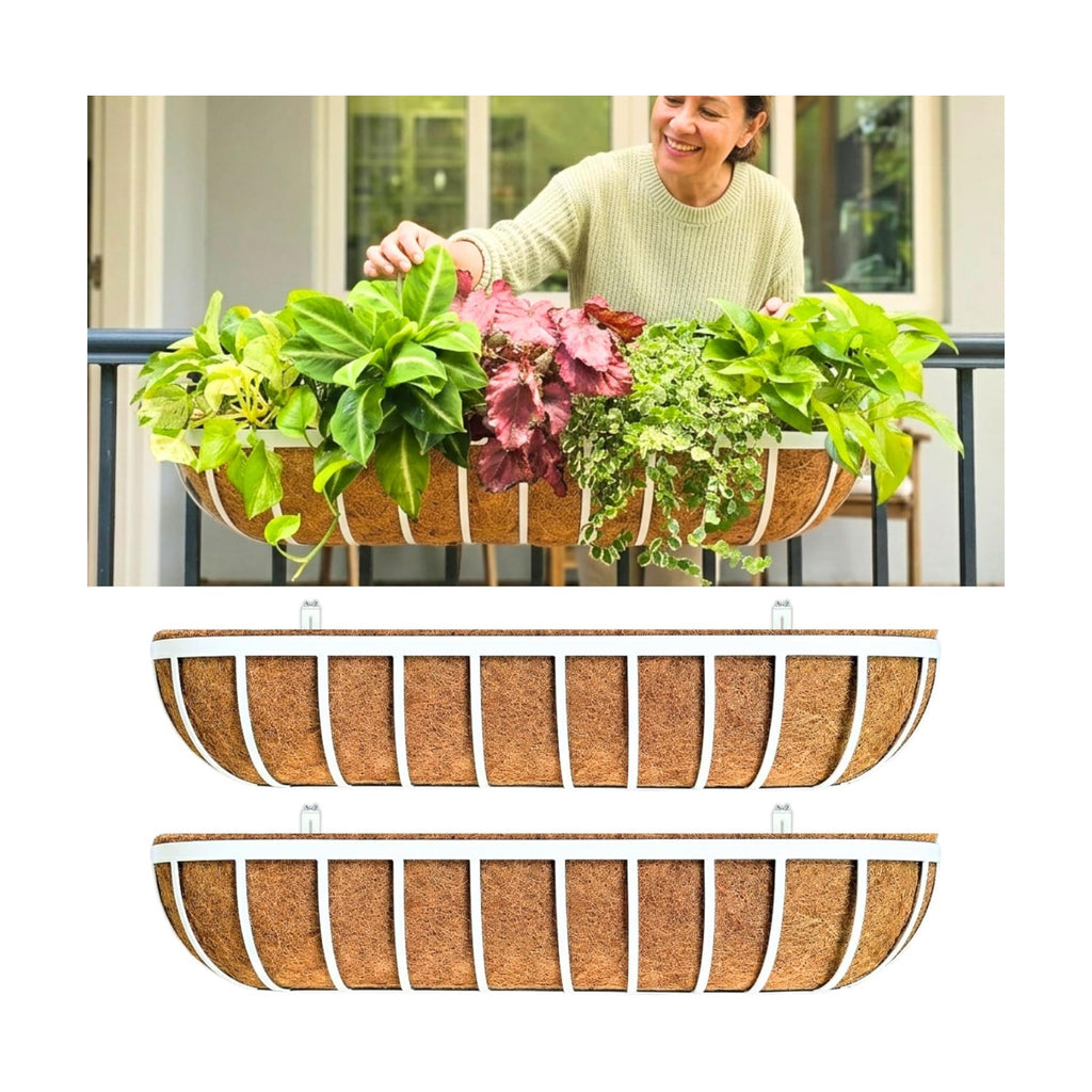 LaLaGreen Deck Railing Planter Boxes (2 Pack, 36") White Metal Extra Large Wall Hanging Planter with Coco Liner