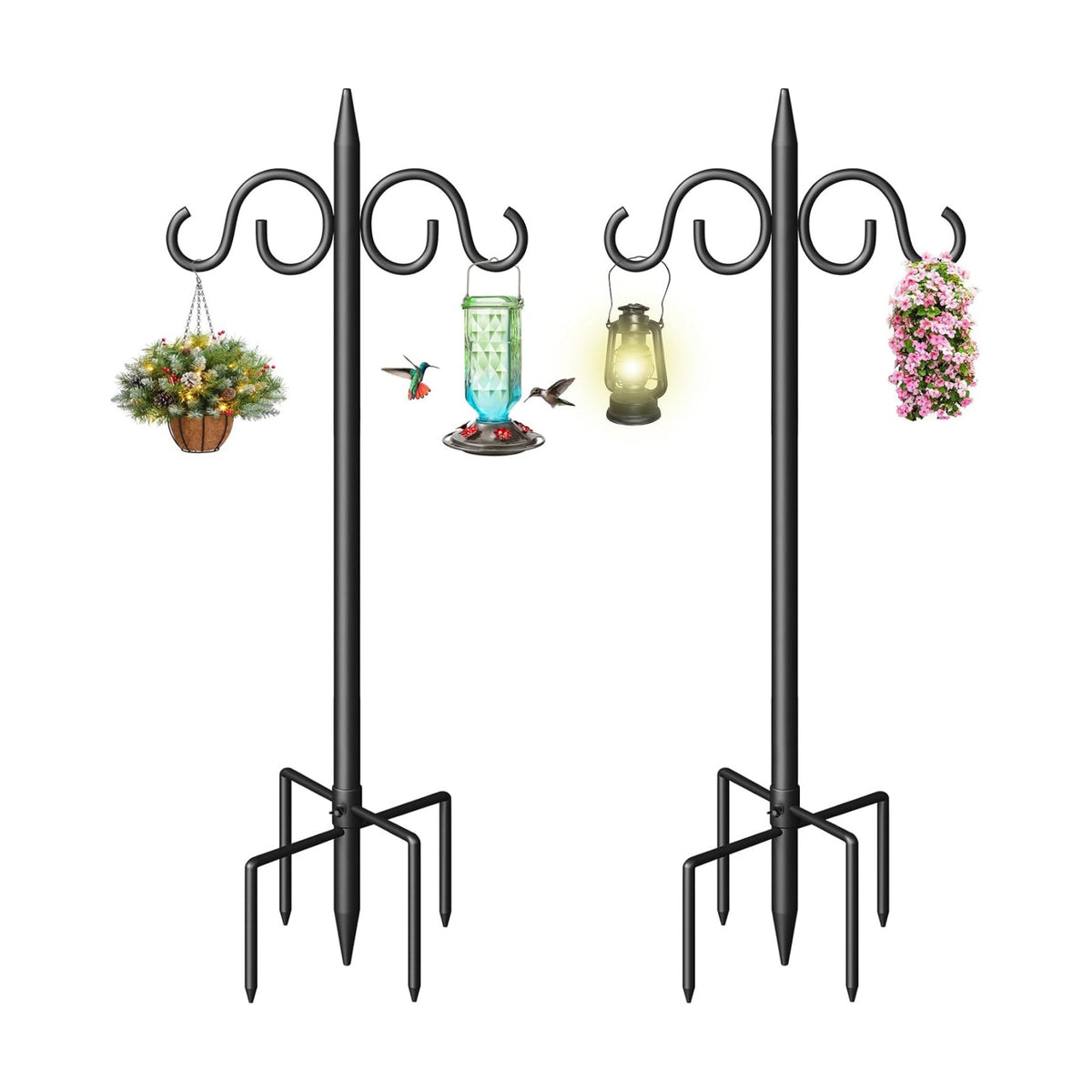 Double Shepherds Hooks for Outdoor, 108 Inch Heavy Duty Bird Feeder Pole with 5 Prongs Base, Adjustable Shepherds Hook for Bird Feeder, Garden, Weddings, Hanging Plant, 2 Pack