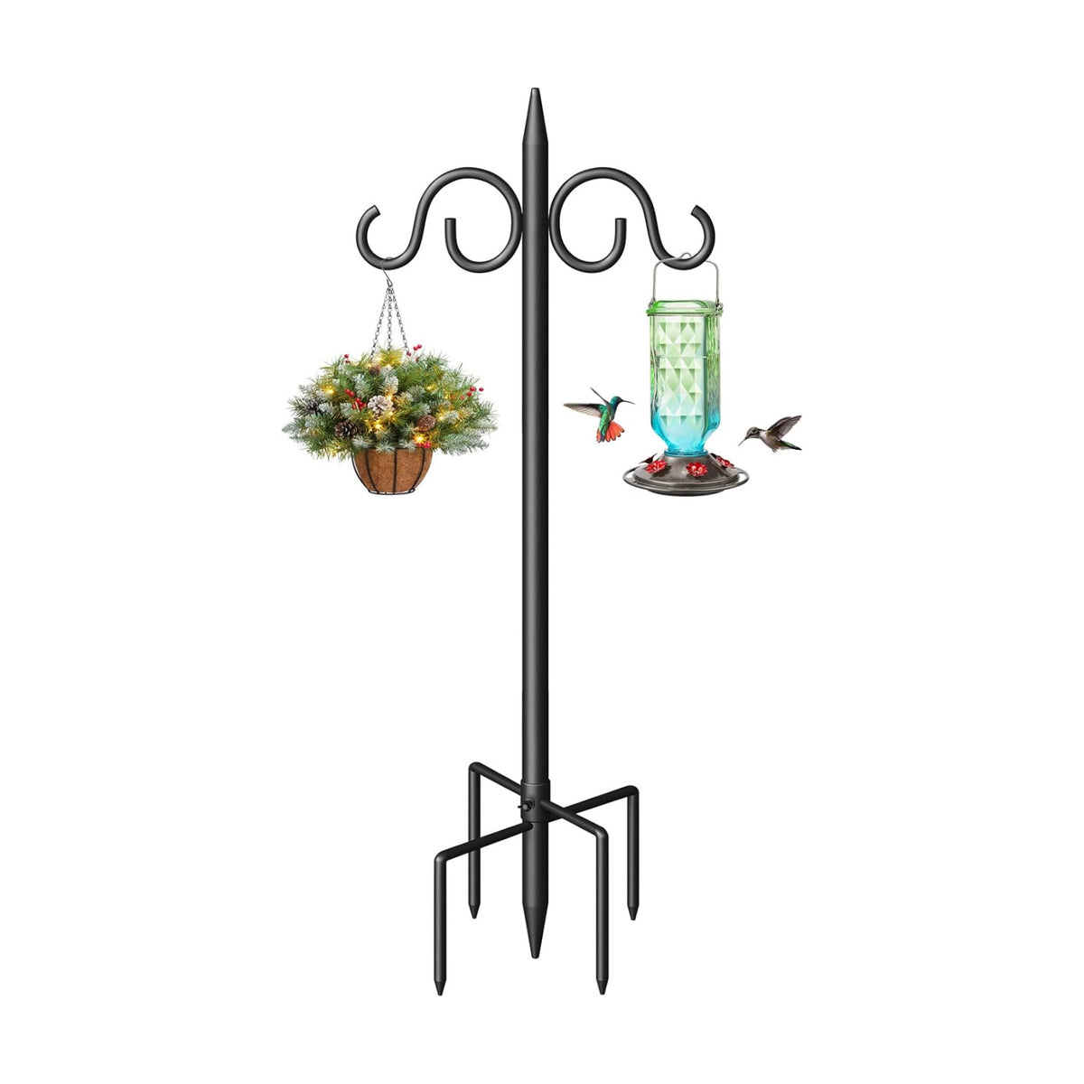 Double Shepherds Hooks for Outdoor, 76 Inch Heavy Duty Bird Feeder Pole with 5 Prongs Base, Adjustable Shepherds Hook for Bird Feeder, Garden, Weddings, Hanging Plant, 1 Pack